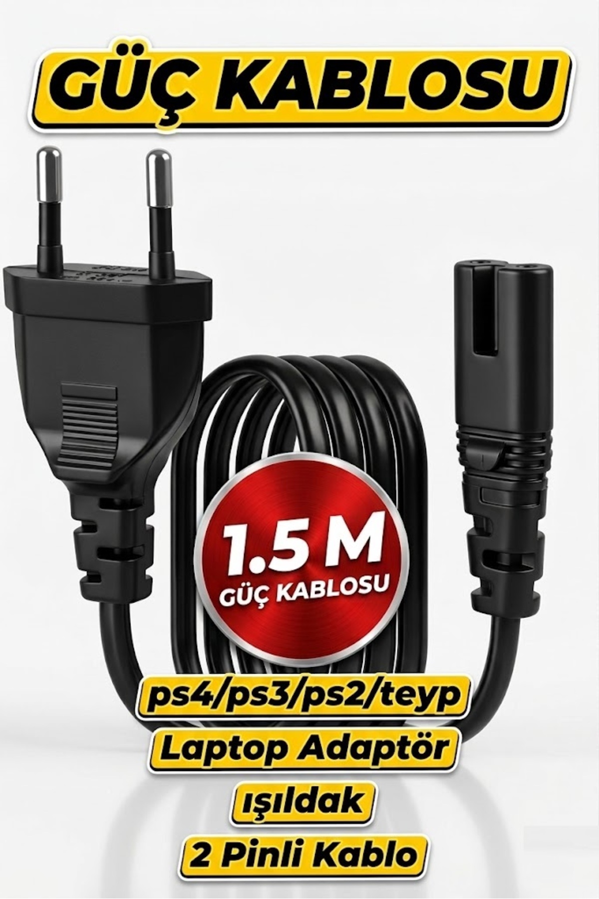 1.5 Meter 1.5mt (Ps2-ps3-ps4-ps5-xbox-tv-tape-flare-printer) Plug Compatible Led Tv Power Cable 1.5m Power Cable Tape Plug Cable