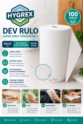 HYGREX Çok Amaçlı Temizlik Havlusu Dev Boy 100 Yaprak Ekstra Kalın Petek Doku...