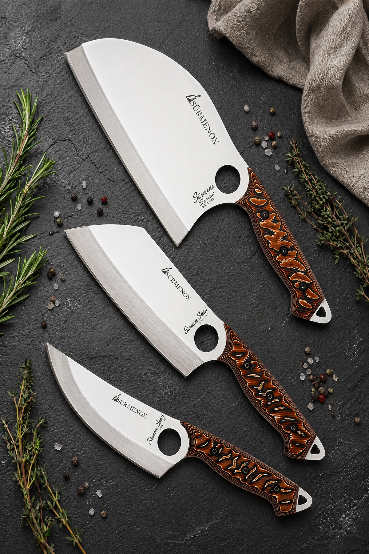 Sürmene Series 3-Piece Kitchen Chef Knife Set Coffee Verzalit Handle Vegetable Camping Outdoor Knife with Leather Case (Mft-038)