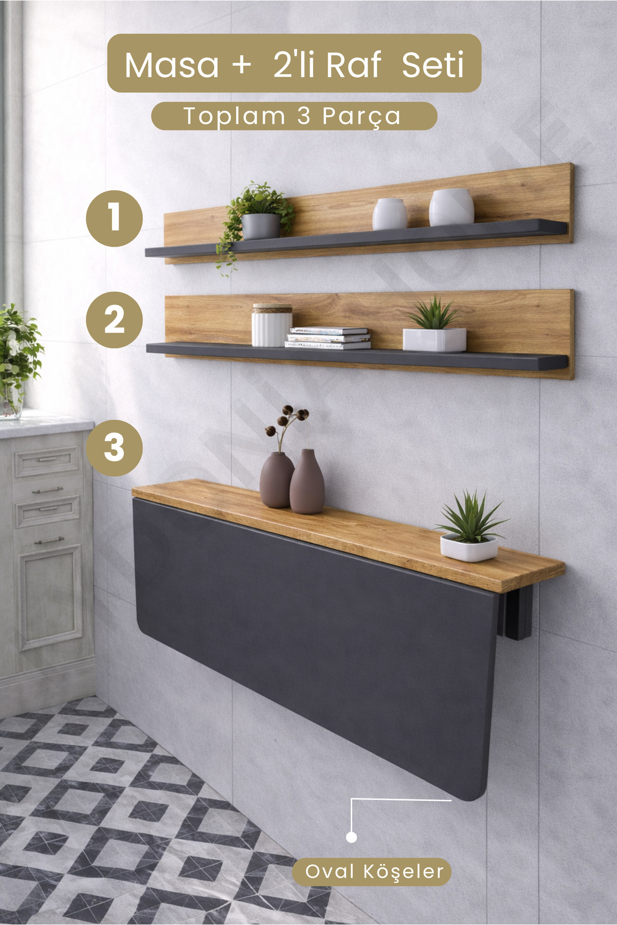60x90 Folding Wall Mounted Table and 2 Pieces 15x90 Shelf Set with Anthracite & Pine Pattern Oval Corners