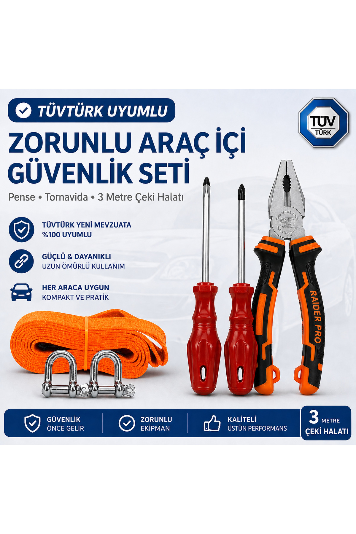 HANGAST ARAÇ İÇİ GÜVENLİK SETİ PENSE+TORNAVİDA+3 METRE ÇEKİ HALATI - Fiyatı, Yorumları