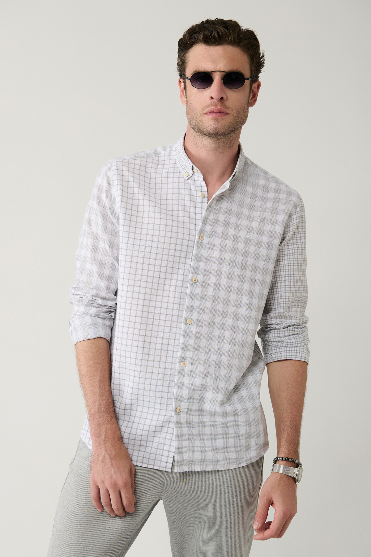 Men's Gray Plaid Piece Linen Blend Regular Fit Shirt A41Y2052