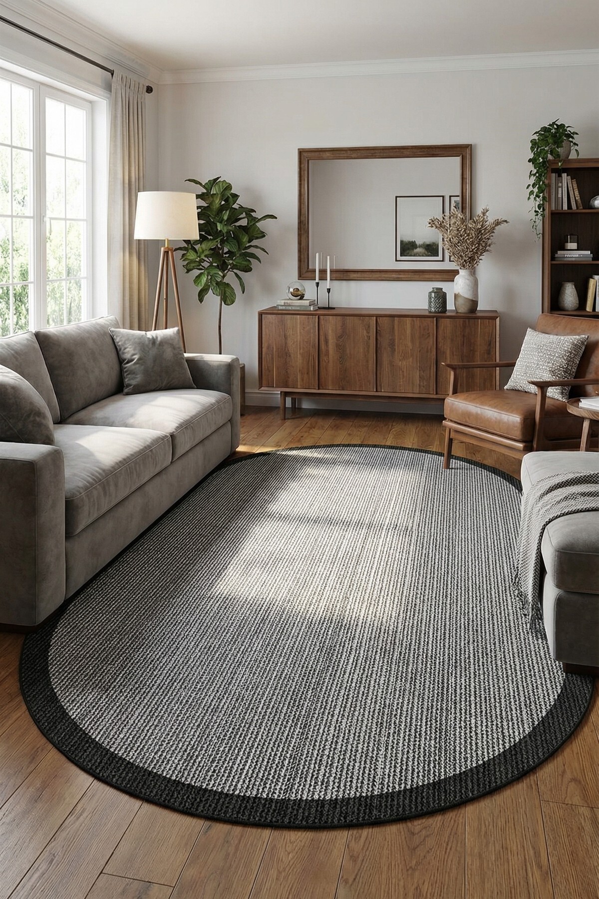Oval Black Carpet Lounge Carpet Machine Washable Anti-Slip Base Carpet