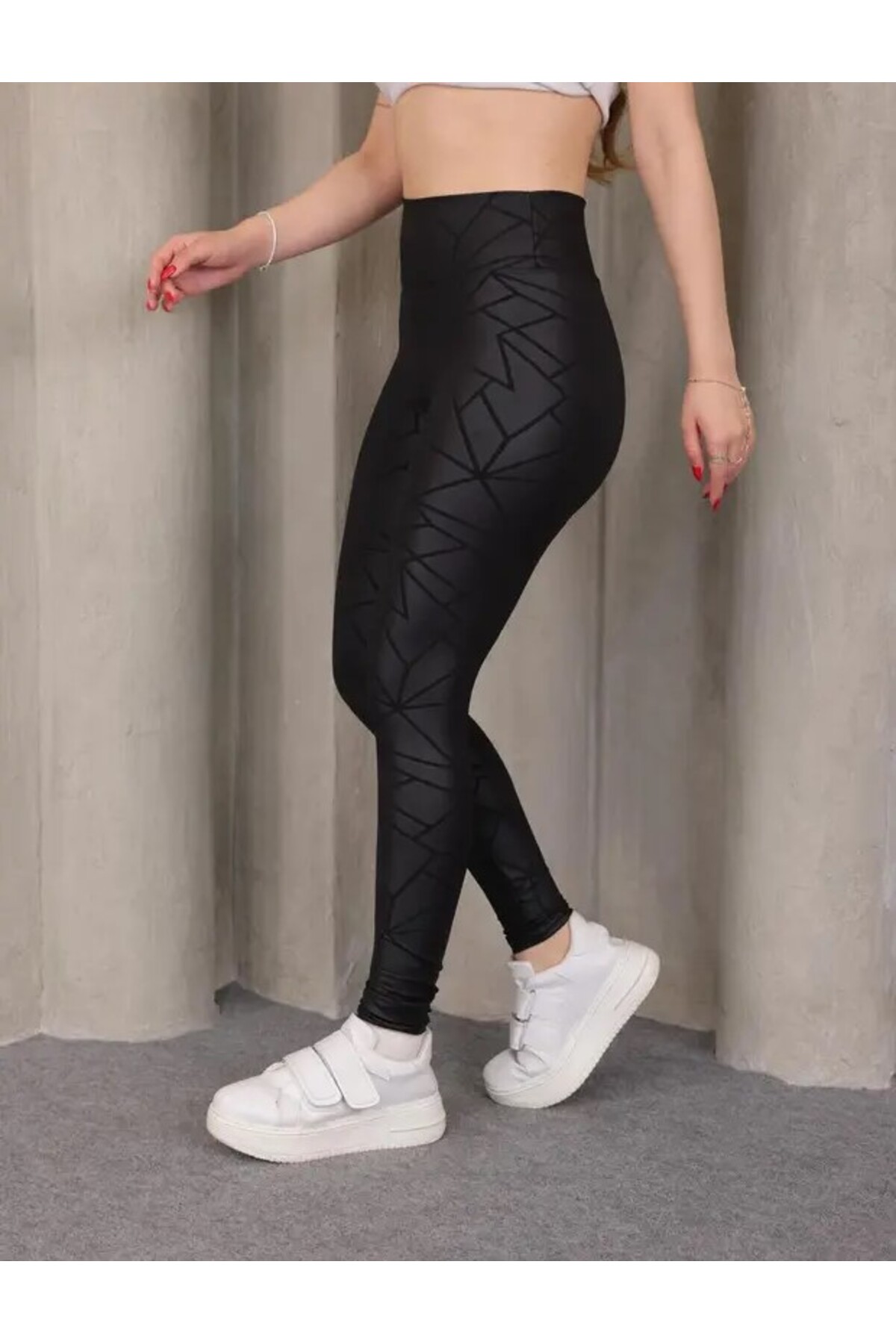 OsmanogluWear Siyah Kadın Geometrik Desenli Dalgıç Kumaş - Yüksel Bel - Toparlayıcı Tayt görsel 4