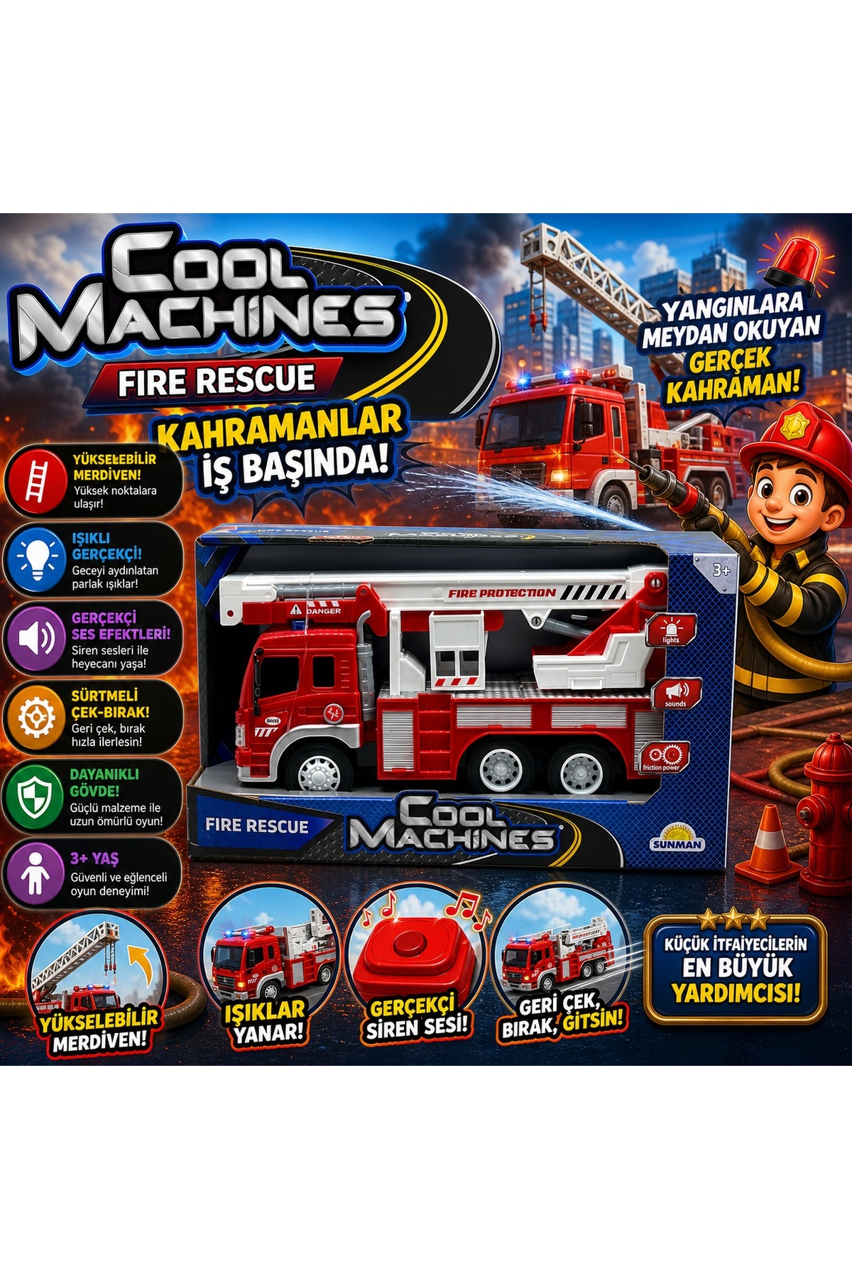 R*様 TOY MACHINE VENTURE SPRIT FIRE SCOWETTO Cool Machines Işıklı Sesli İtfaiye Aracı – Merdivenli