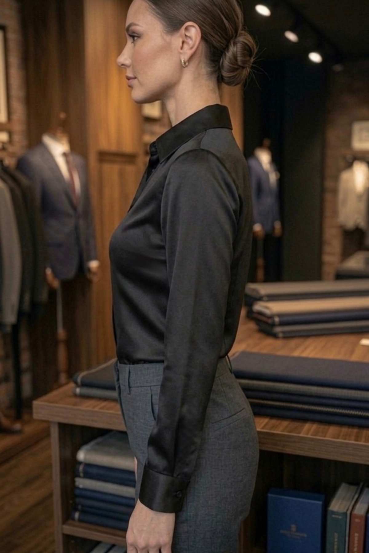 miremiran  SATEN GÖMLEK gizli patlı rahat Kadın Slim fit SATEN SİYAH - Görsel 3