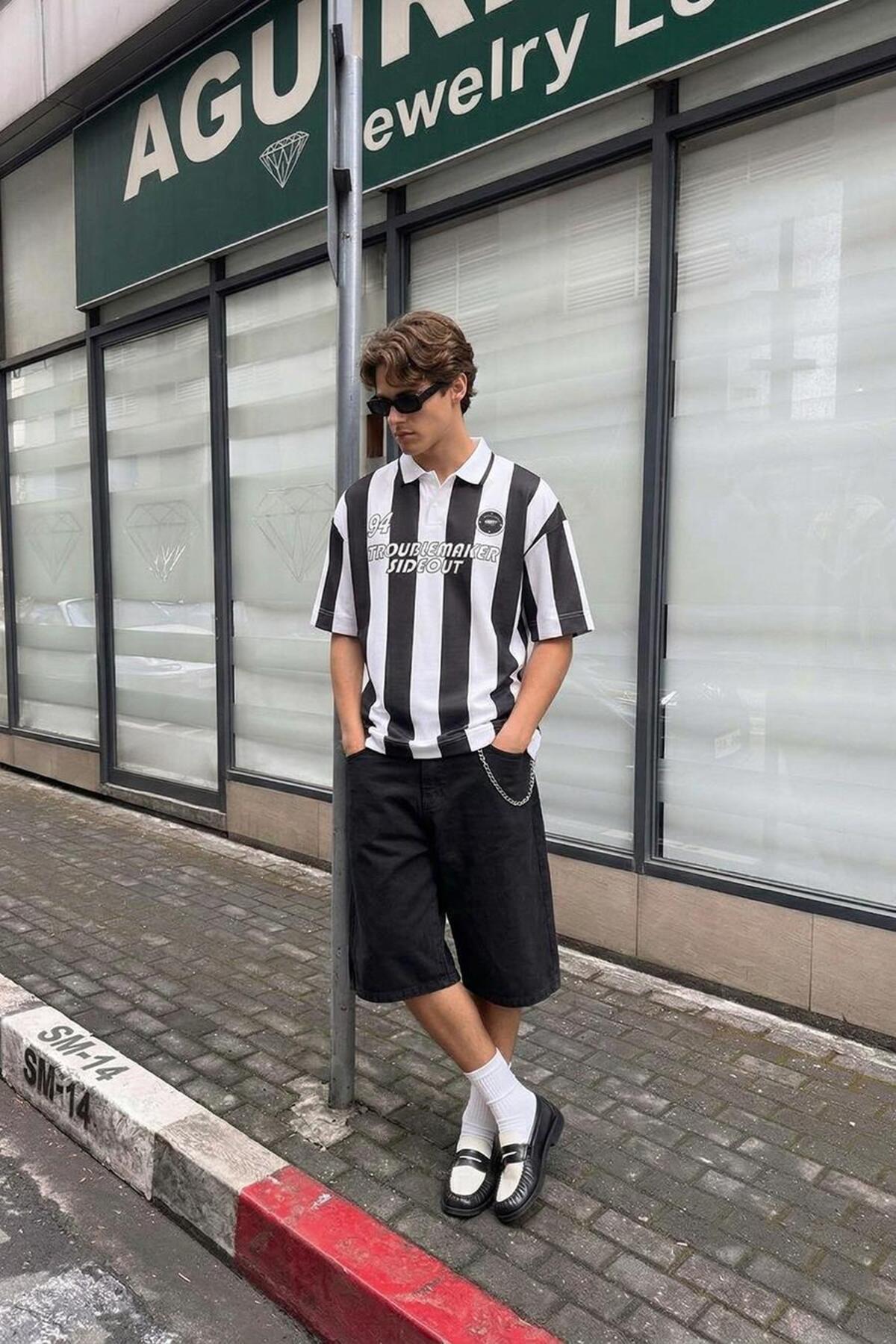 VAMOSCLO Oversize Polo Yaka Forma Tişört Siyah