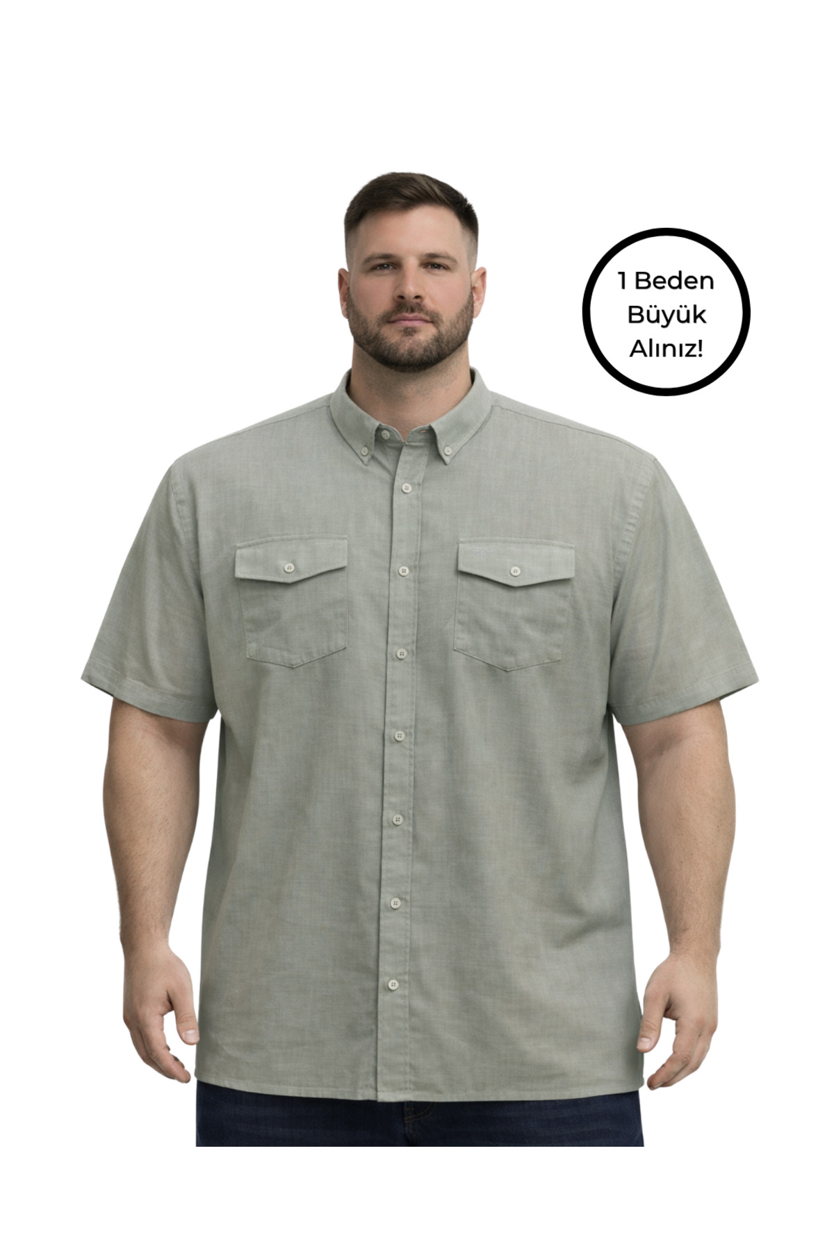 BattalModa Erkek Büyük Beden Haki Çift Cepli Kısa Kollu Gömlek 3XL-4XL-5XL-6XL-7XL-8XL