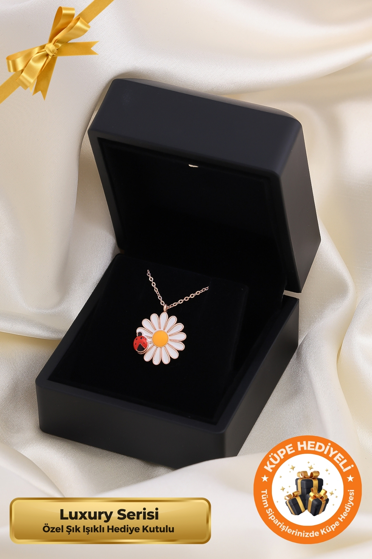 Lucente Jewellery Işıklı Hediye Kutulu 925 Ayar Luxury Serisi Uğur Böcekli Papatya Modeli Rose Gold Gümüş Özel Gün Hediyesi 45 Cm Zincirli Bolluk Bereket Aşk Şans Simgesi Küpe Hediyeli Uğur Böceği Papatya Zarif Kolye