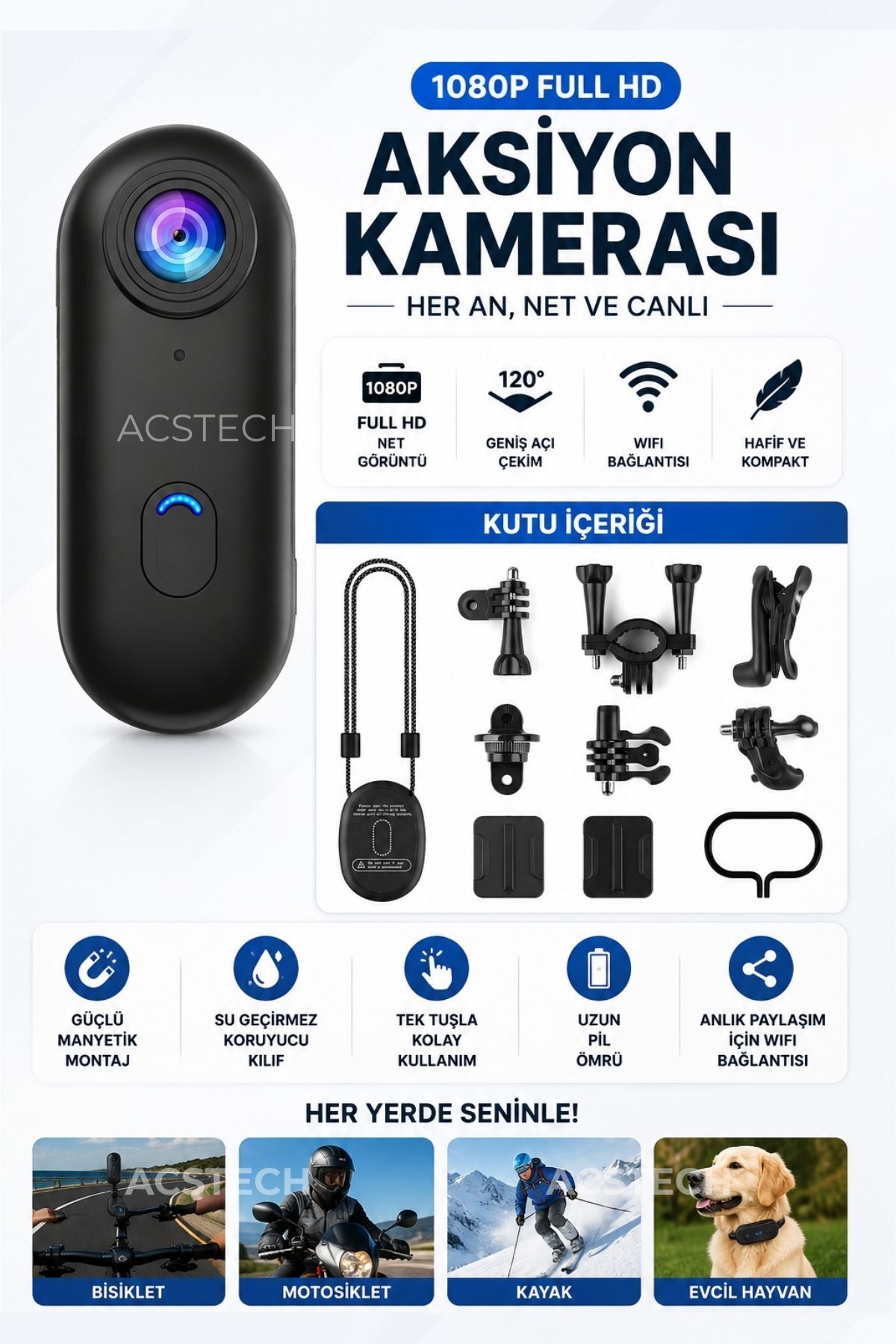 ACSTECH Klipsli Aksiyon Kamera 1080P HD WiFi 30M Su Geçirmez POV