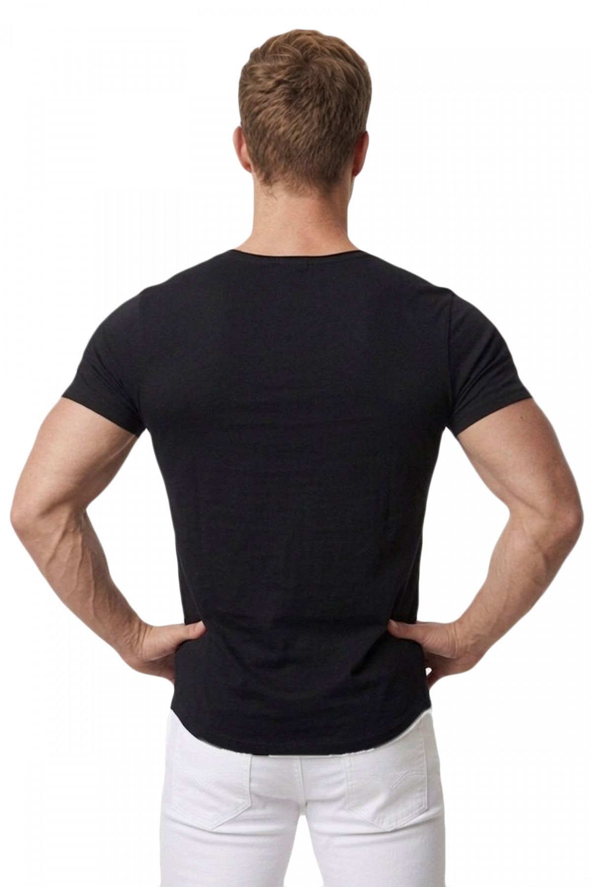 DeepSEA Erkek Siyah Slim Fit %90 Pamuk Açık Yaka Oval Kesim Likralı Basic Tişört 1801199 görsel 5