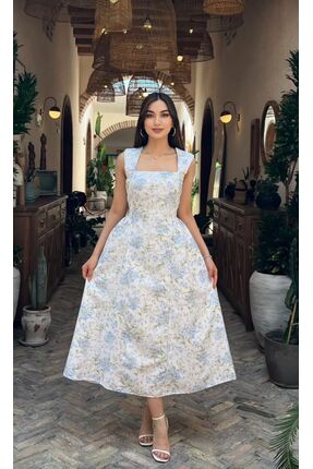 Moda Banuş Açık Mavi-Beyaz Gelincik Çiçeği Desenli Elbise