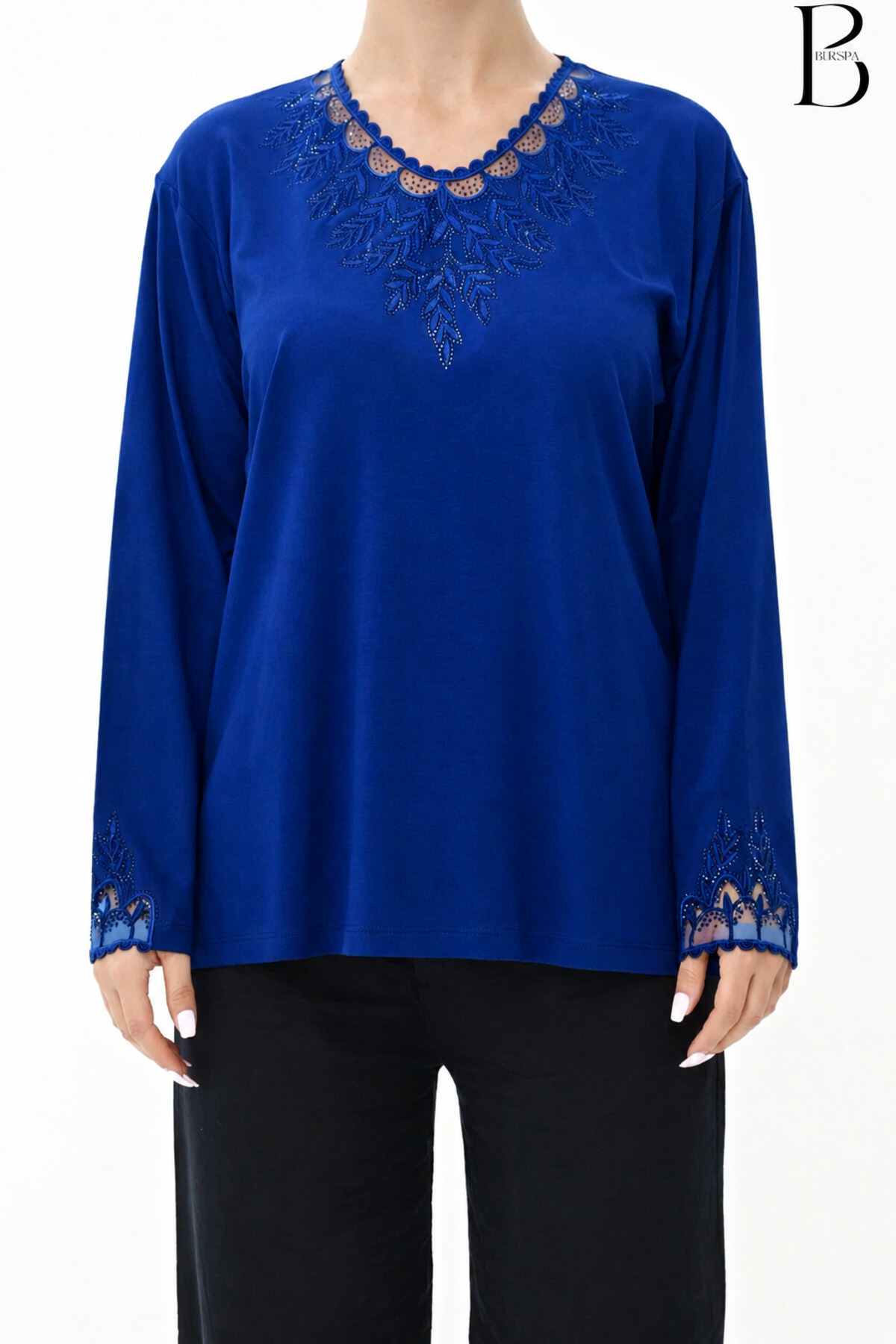 Collar and Sleeve Tulle Detailed Stone Embroidered Blue Mother Combed Cotton Blouse