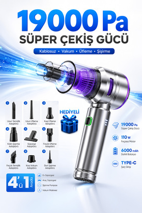 Venenon Kablosuz Şarjlı Araç İçi Süpürge 110 W Güçlü Vakum & Üfleme Şişirme C...