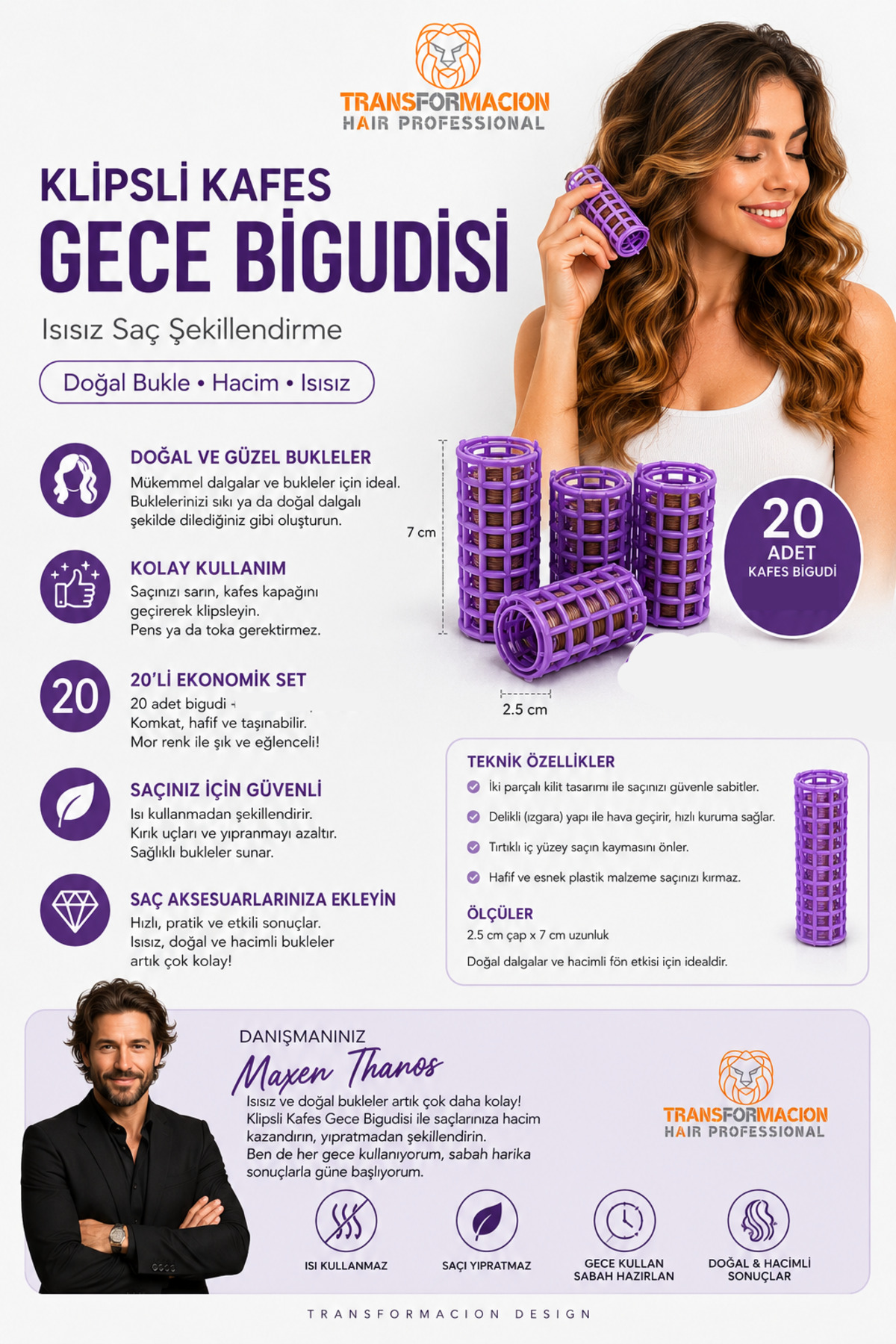 Transformacion Kafes Gece Bigudisi Isısız Saç Şekillendirme Doğal Bukle Bigudisi 10 Adet 720025 720025 görsel 6