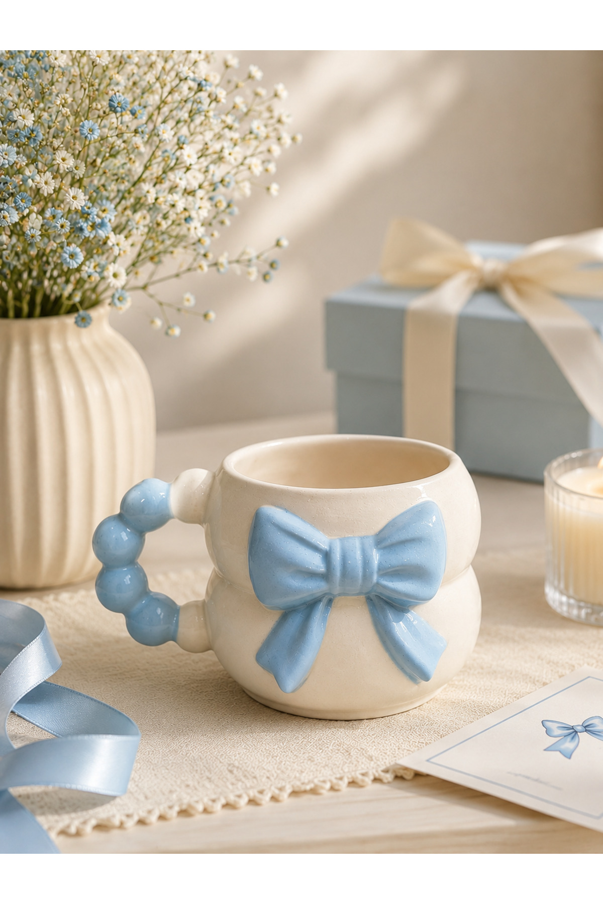 3D EMBOSSED BLUE BOW PATTERN Custom Embossed All Handmade Ceramic Mug