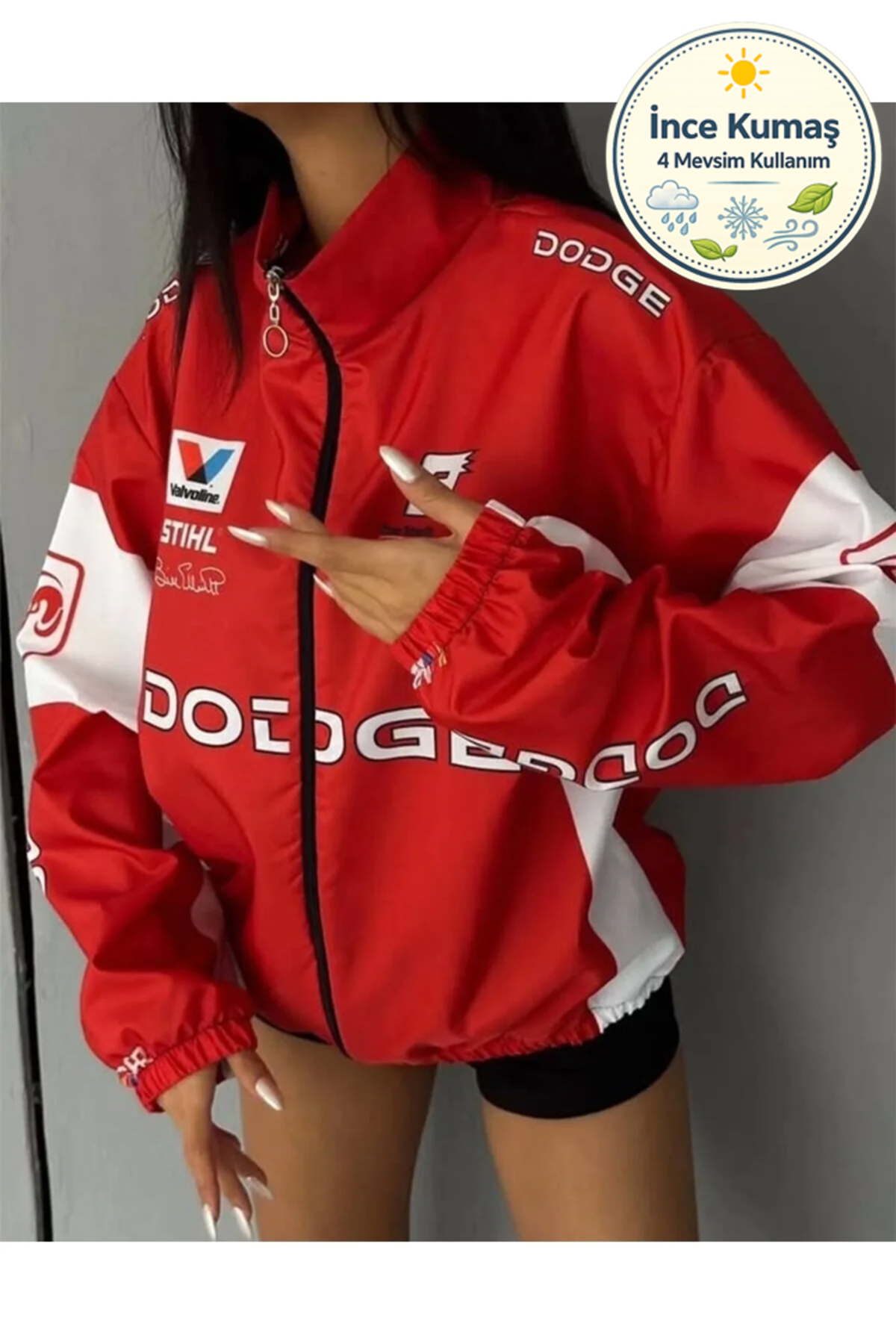 Dodge Unisex Dijital Baskı Paraşüt Kumaş Oversize Baskılı Kırmızı Rüzgarlık Yağmurluk İnce Ceket — قرمز MMTYGMRLK2