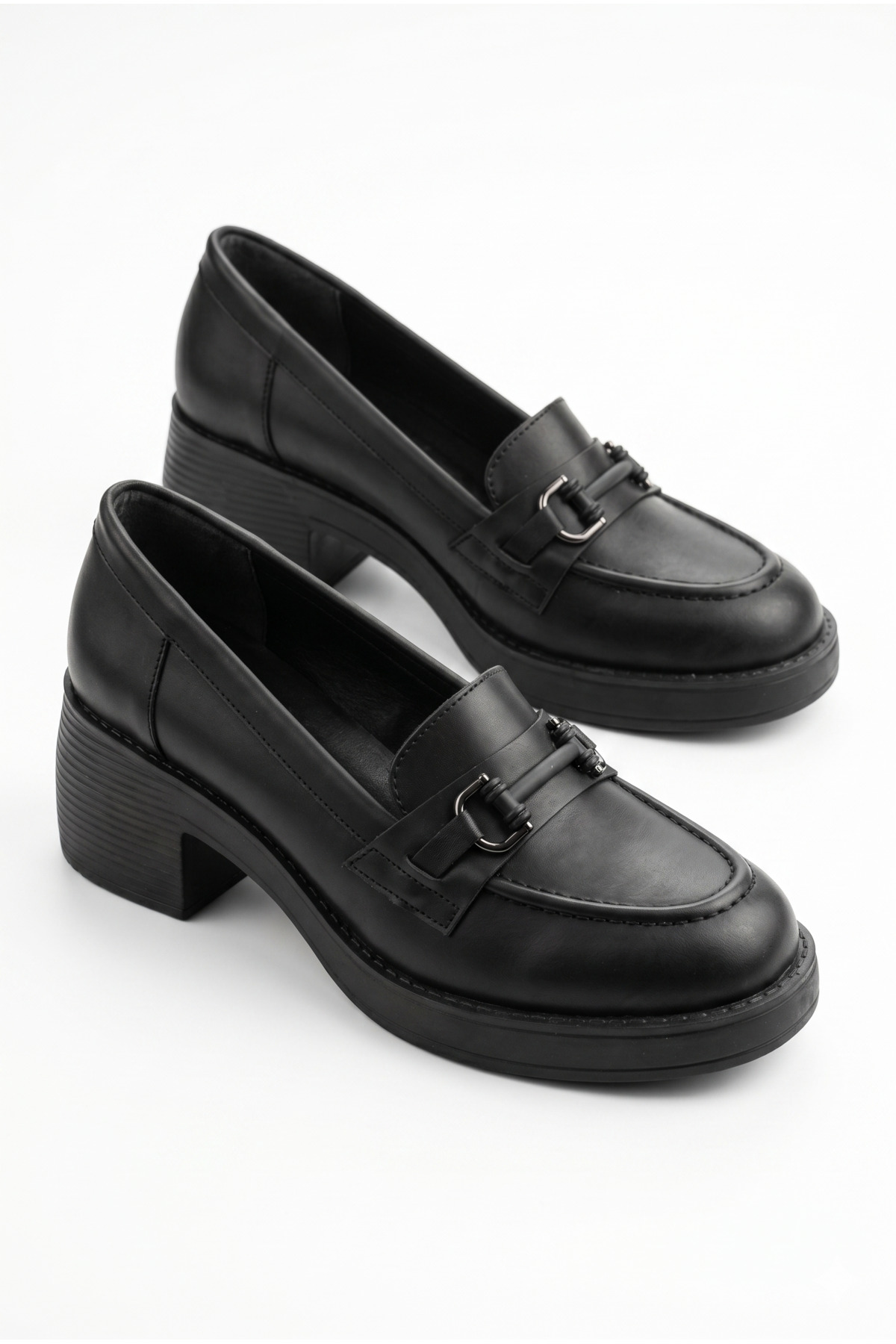 GİAMGİA STORE Kadın Siyah Kalın Tabanlı Tokalı Platform Topuklu Günlük Loafer Casual Ayakkabı