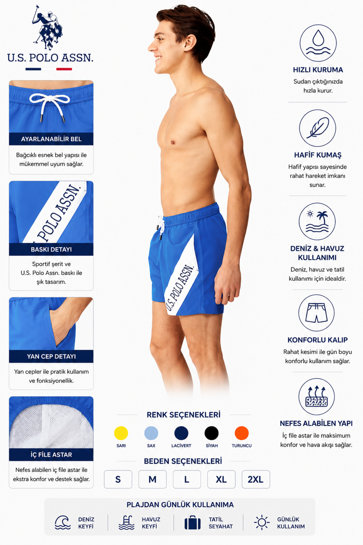 U.S. Polo Assn. Men's Medium Size Pocketed Textured Swim Shorts