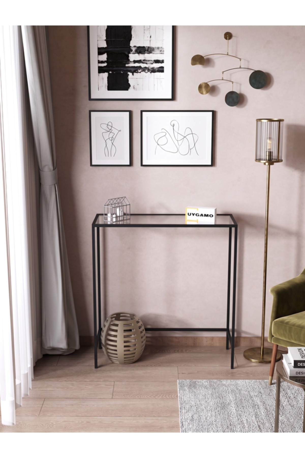 Vivo Metal Dresuar Decorative Coffee Corner Console Black Transparent Glass 80 cm Side Table Entrance Hall for Narrow Spaces