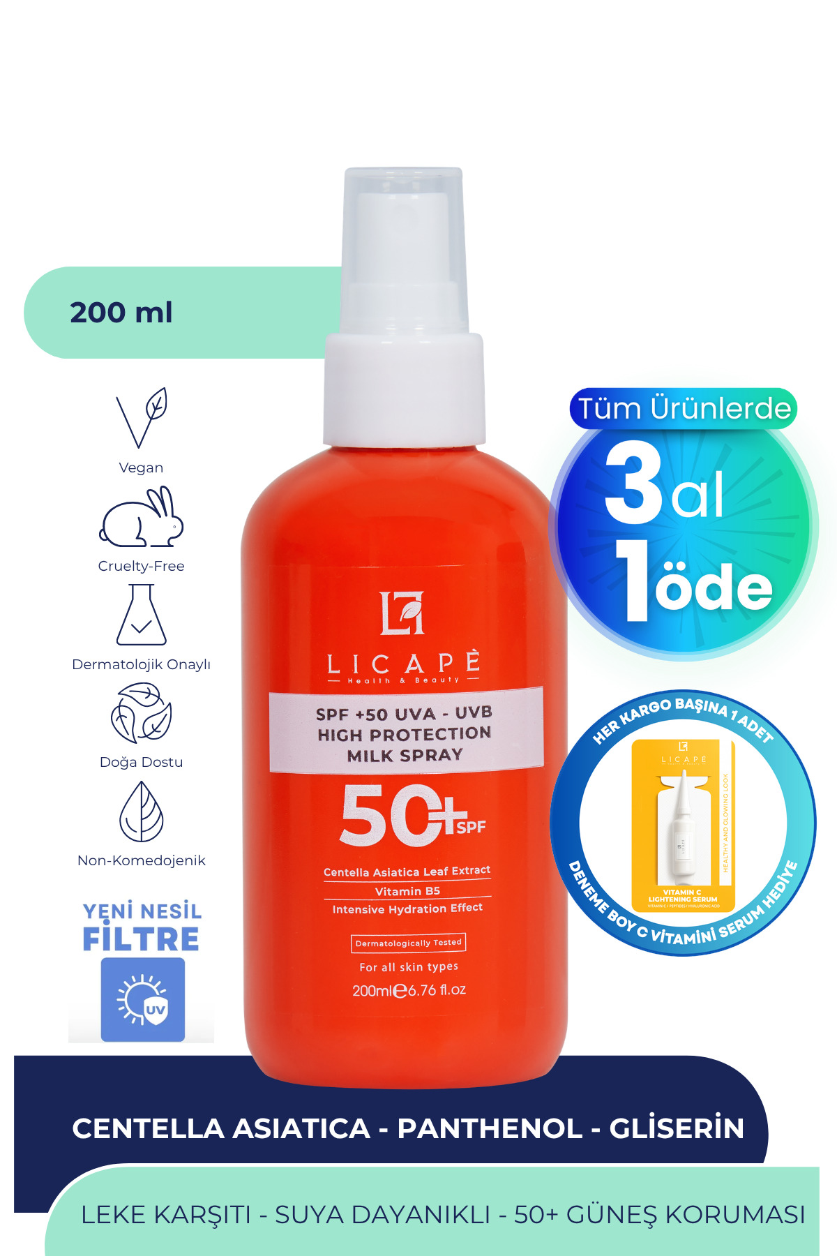 Licape Spf 50 Faktör Uva - Uvb Güneş Koruyucu Sprey Süt 200ml