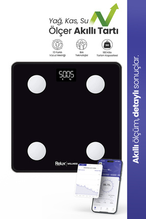 Relux Rbs2000 Wellness Akıllı Vücut Analiz Tartısı – Yağ, Kas, Sıvı Ölçer, 4 ...