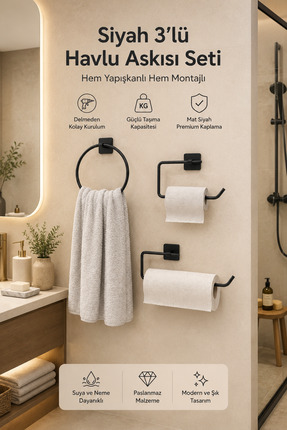 Alper Banyo Jasmin Yapışkanlı Siyah Kare 3'lü Banyo Seti | Tuvalet Kağıtlığı,...