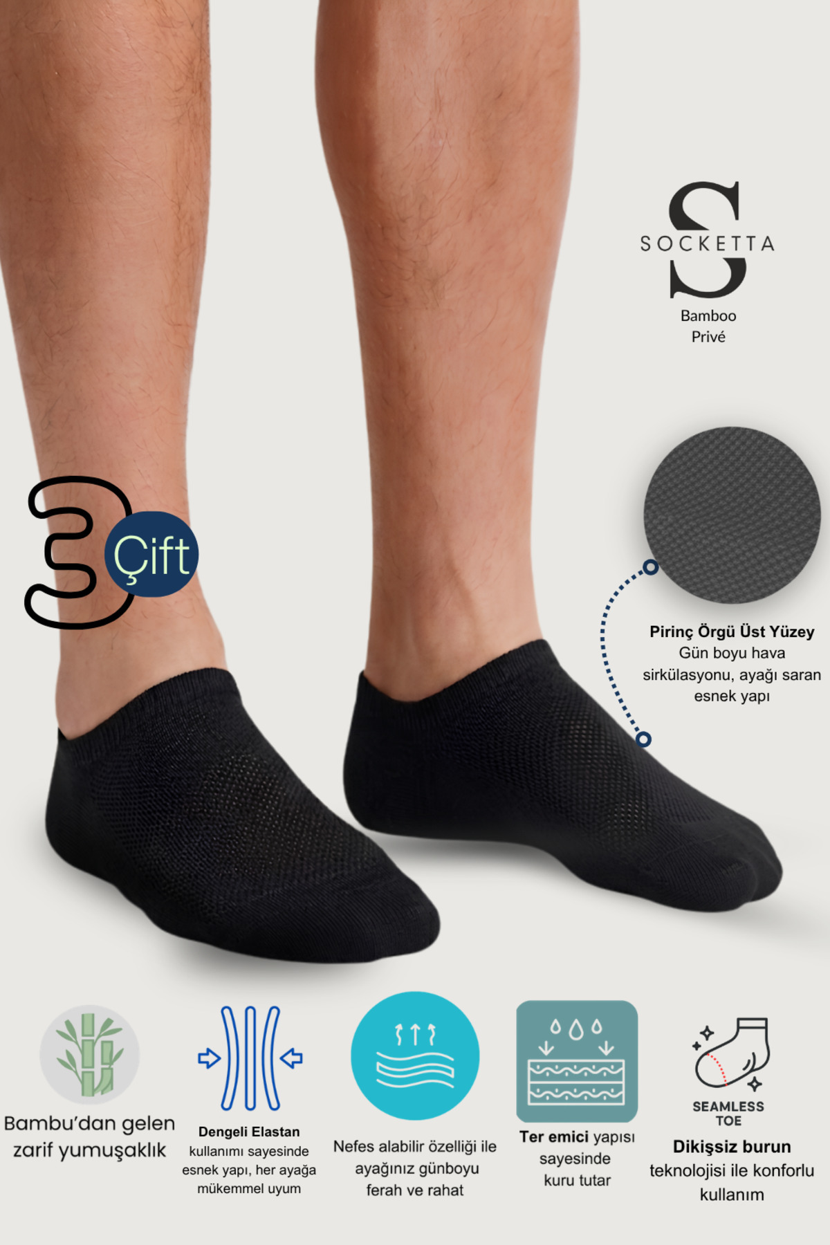 Socketta 3'lü Siyah Erkek Bambu Dikişsiz Esnek Anatomik Topuk Görünmez Sneaker Patik Çorap - Premium