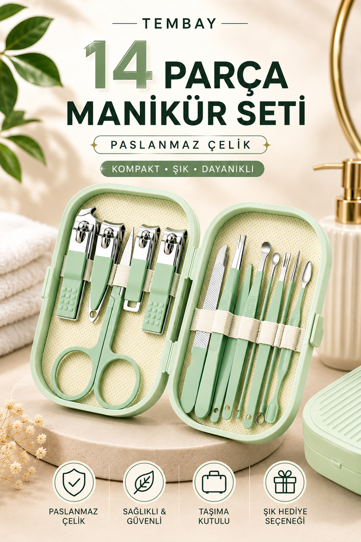 TEMBAY Çantalı Manikür Pedikür Seti 14 Parça El Ayak Tırnak Bakımı Tırnak Makası Profesyonel Full Set — CT-0874