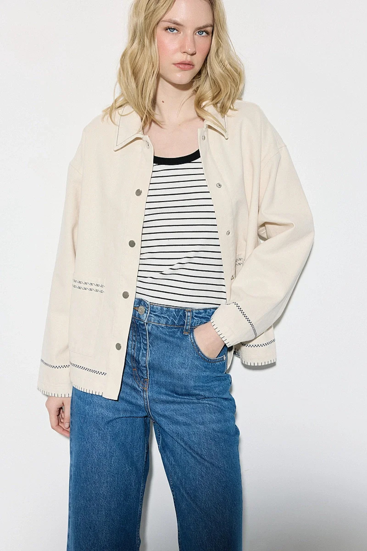 Gusto Nakışlı Kanvas Denim Ceket - Ekru görsel 5