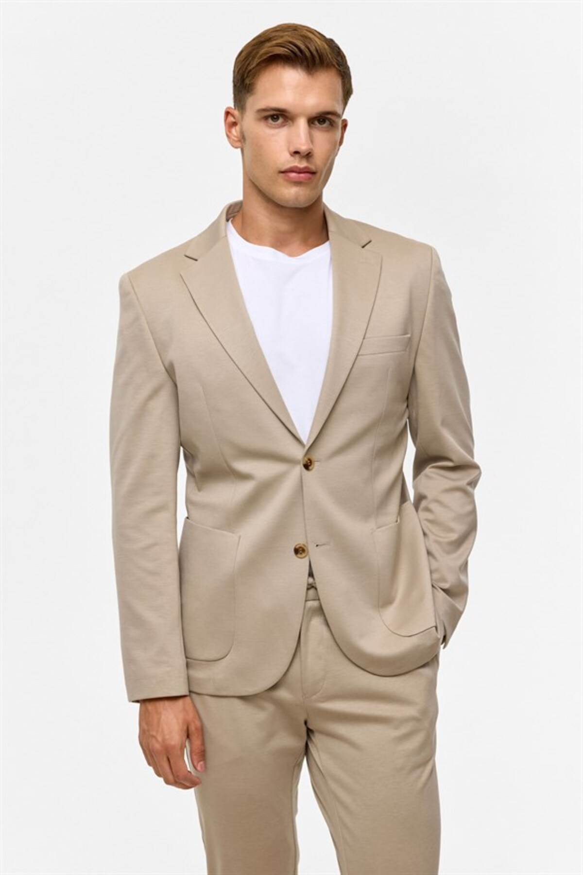 Bej Slim Mono Yaka Düz Torba Cep 6 Drop Takım Elbise — بژ TK1006900379 — تصویر 5 از 8