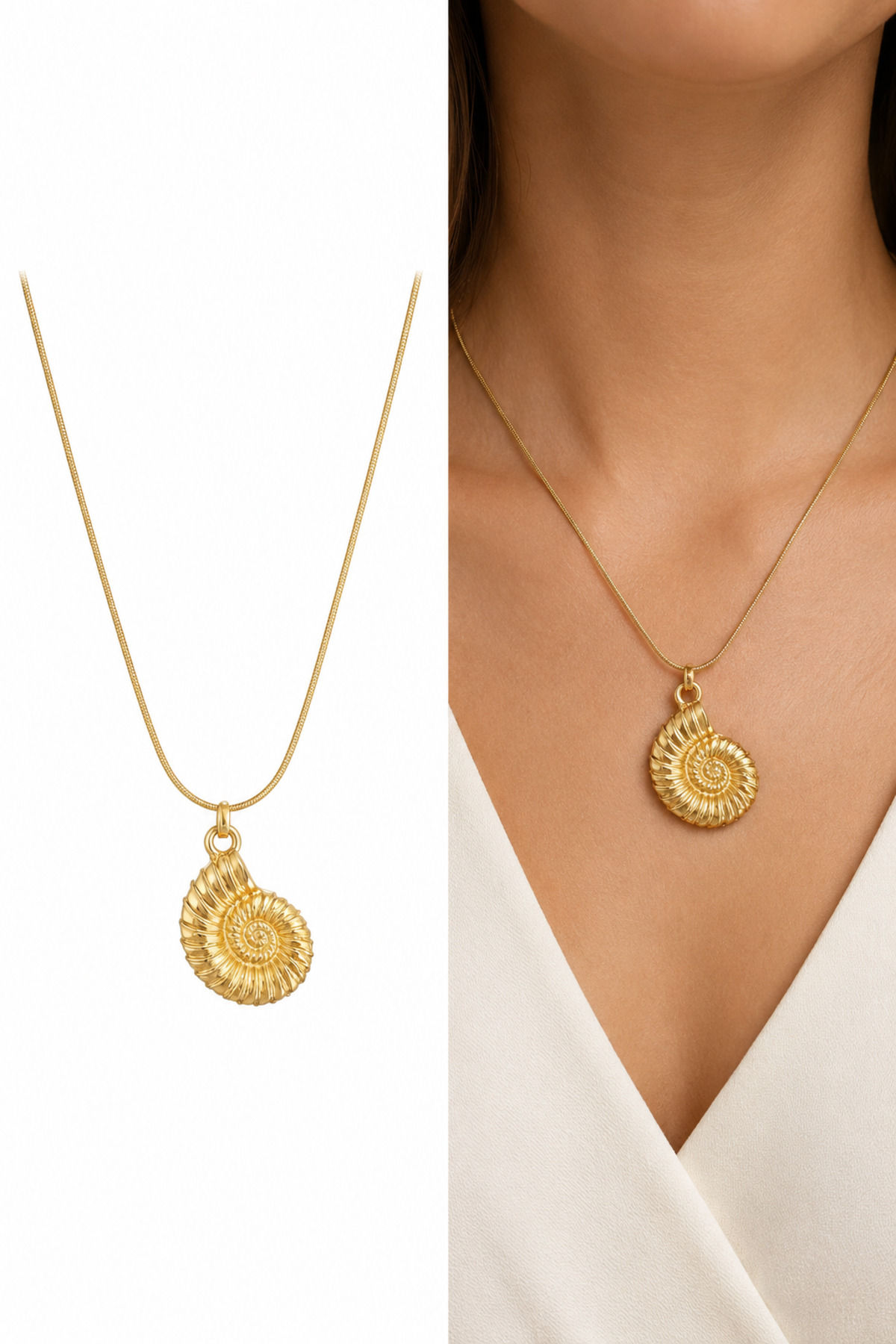Deniz Kabuğu Charm Çelik Zincirli Gold Kadın Kolye (45 Cm)