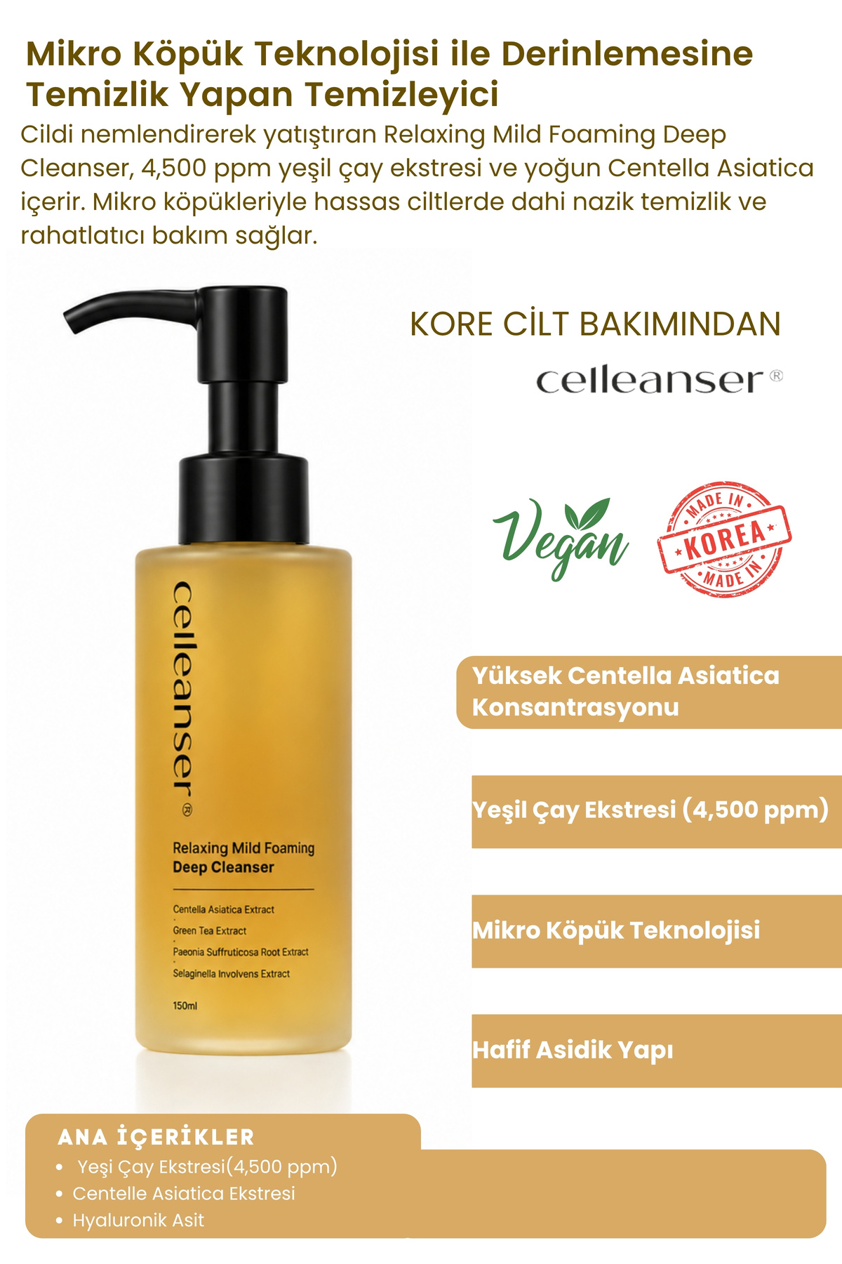 Kore Yüz Temizleme Köpüğü - Yeşil Çay Ve Centella Destekli Yatıştırıcı Mikro Köpük — CelleanserRelaxingMildFoamingCleanser — تصویر 2 از 5
