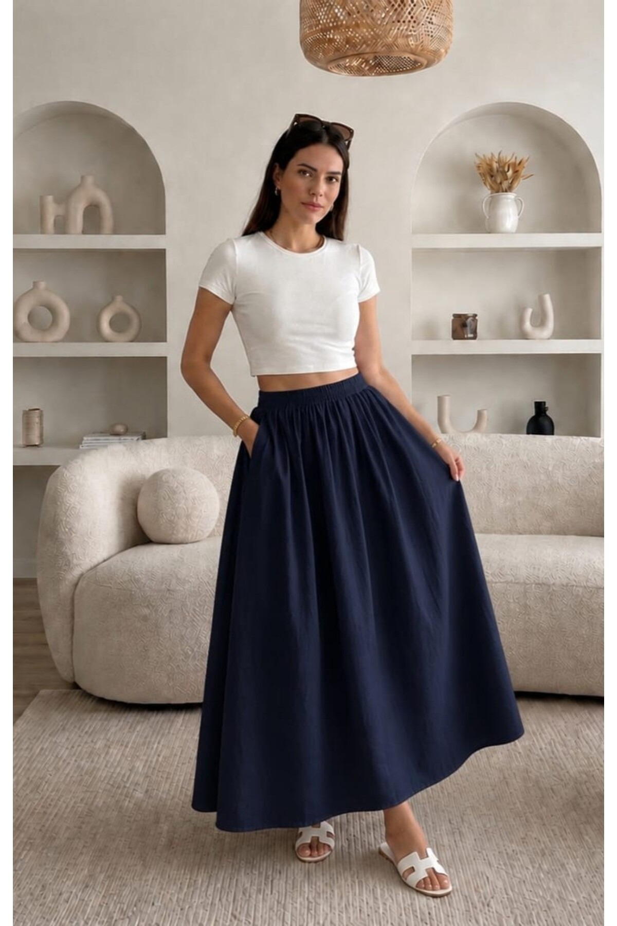Gülmude  Çift Cepli Poplin Kumaş Beli Lastikli İç Göstermez Maxi Etek (90 CM)