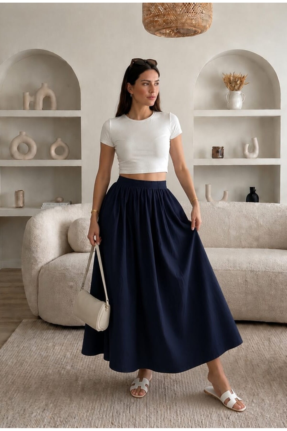 Gülmude  Çift Cepli Poplin Kumaş Beli Lastikli İç Göstermez Maxi Etek (90 CM) - Görsel 4
