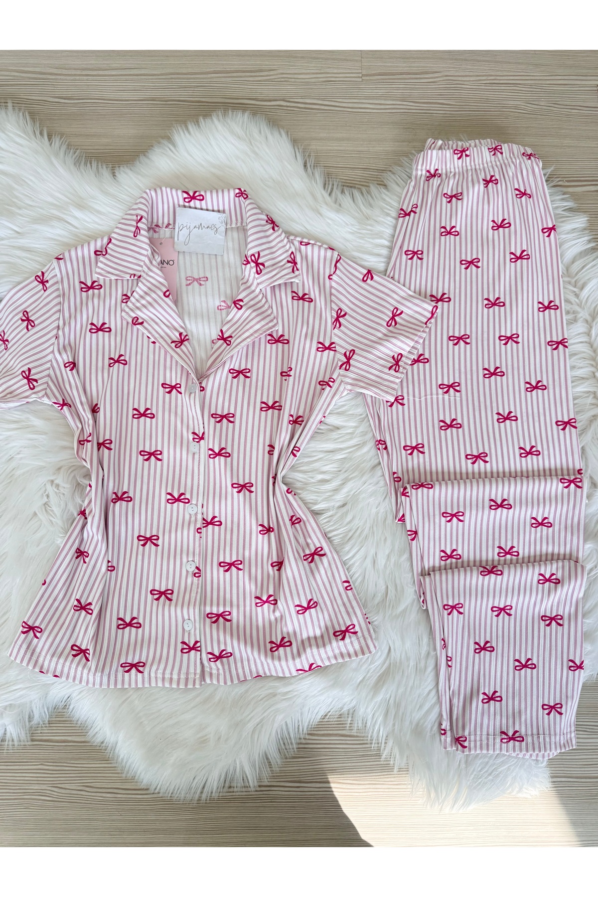Pijamacs Pembe Mini Fiyonk Desenli Kısa Kol Pegasus Pijama Takımı görsel 6