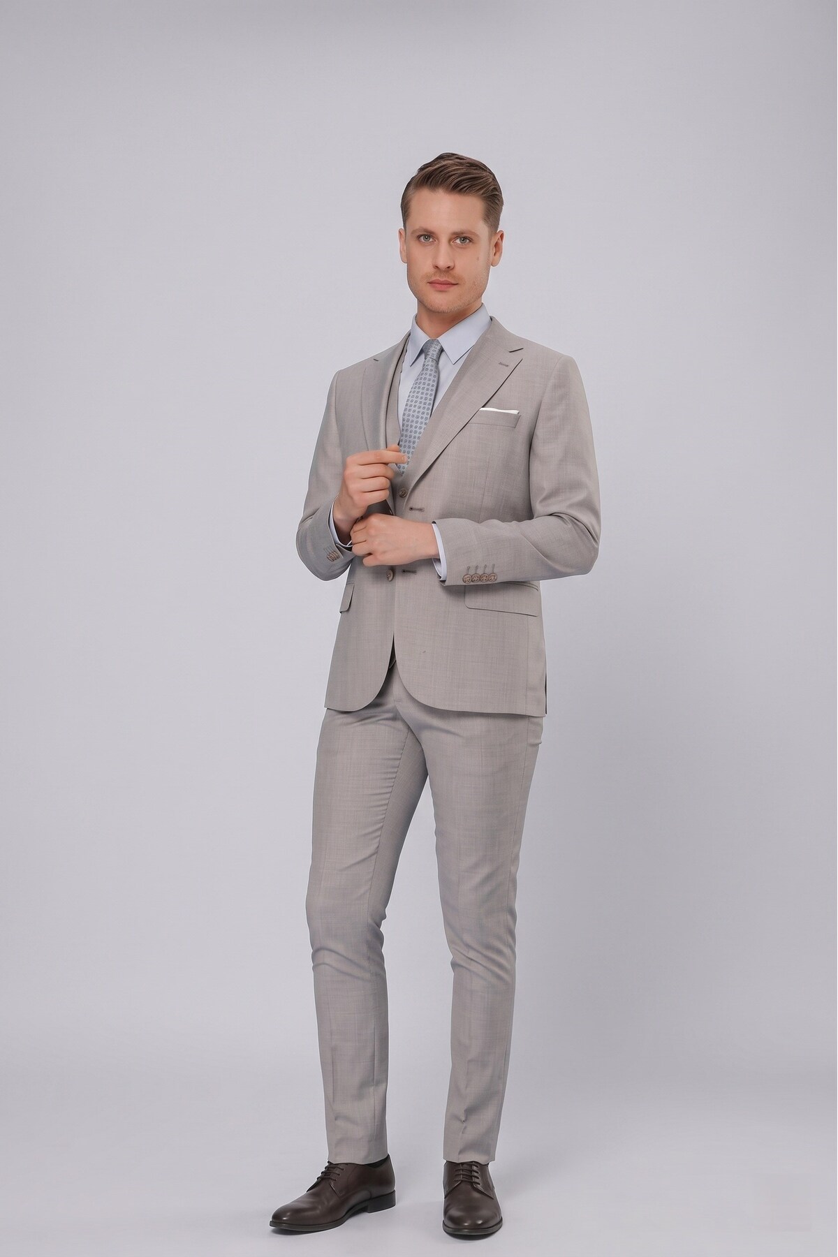 Erkek Slim Fit Mono Yaka Düz Gri Yelekli Takım Elbise TK 871 — خاکستری TK871Y1022 — تصویر 3 از 7