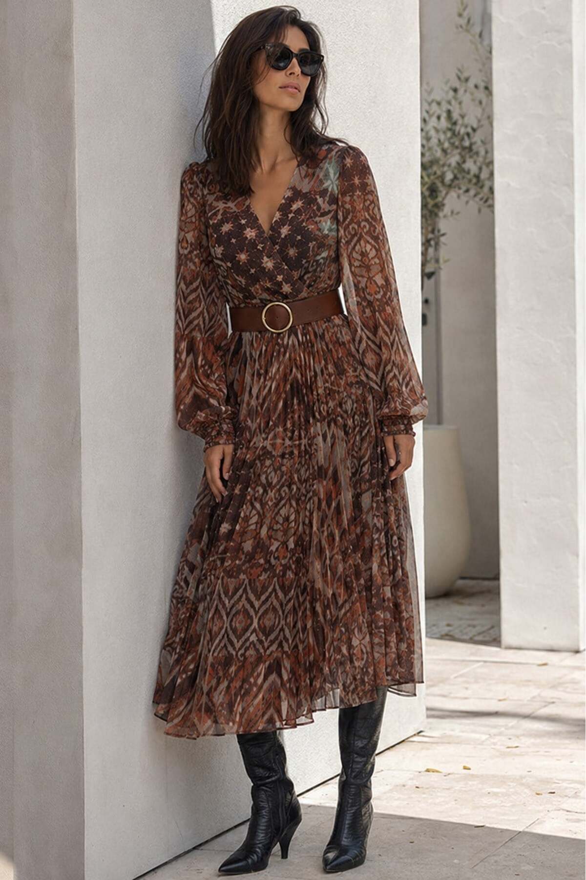 Madmext Orange V-Neck Patterned Chiffon Dress with Elastic Waist MG2225