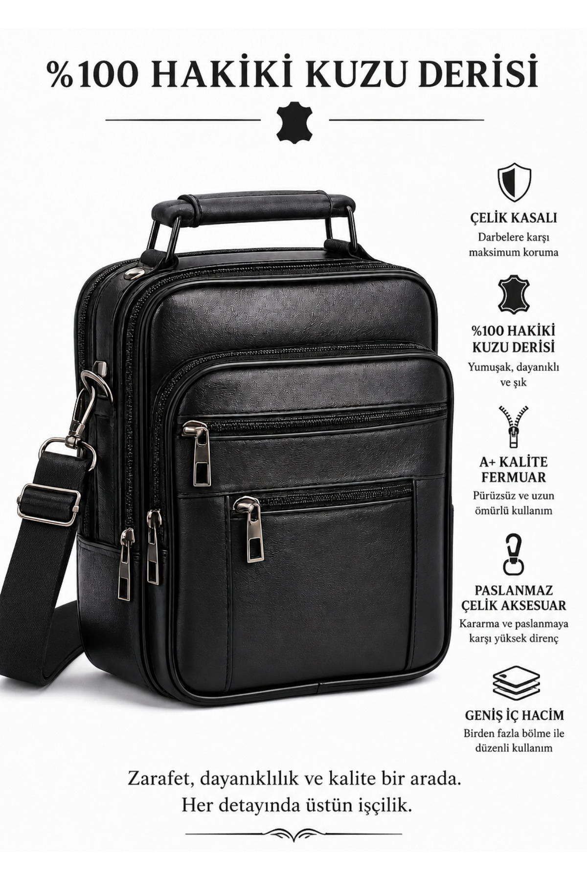 NEWISH POLO ACCESSORIES Erkek Siyah Çelik Kasalı Hakiki Deri El Ve Omuz Çantası Ayarlanabilir Askılı( Büyük Boy)