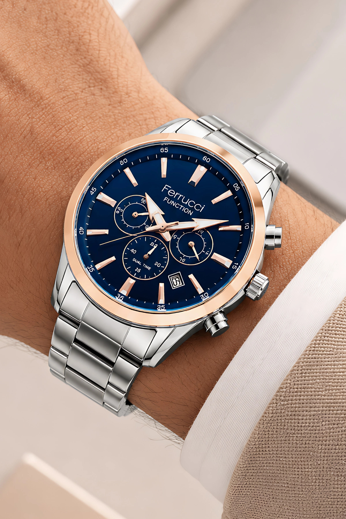 Ferrucci Function Gümüş Renk Çelik Kordon Rose Kasa Erkek Kol Saati 3 Atm Suya Dayanıklı ZMFER041 görsel 3