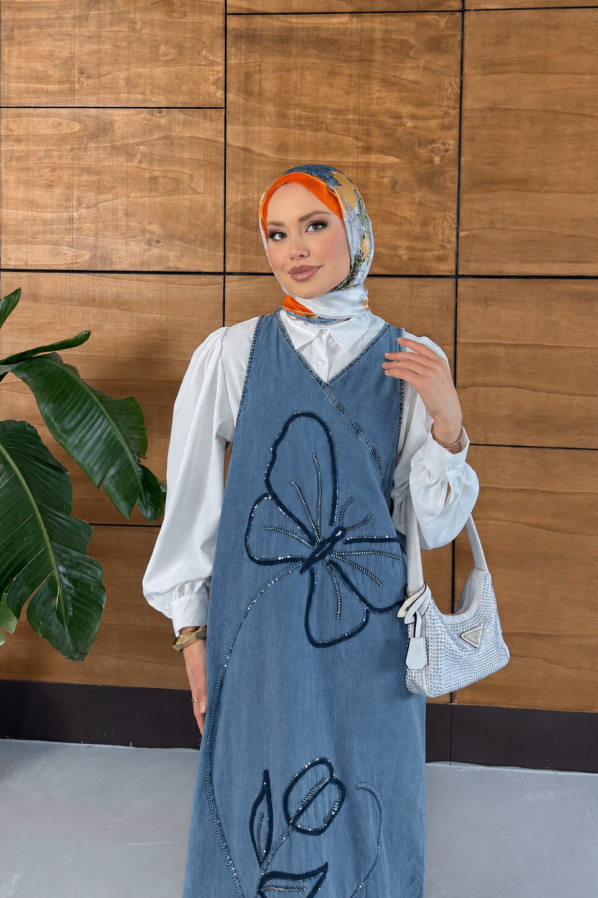 Miss Allos Women's Embroidered Strap Denim Dress