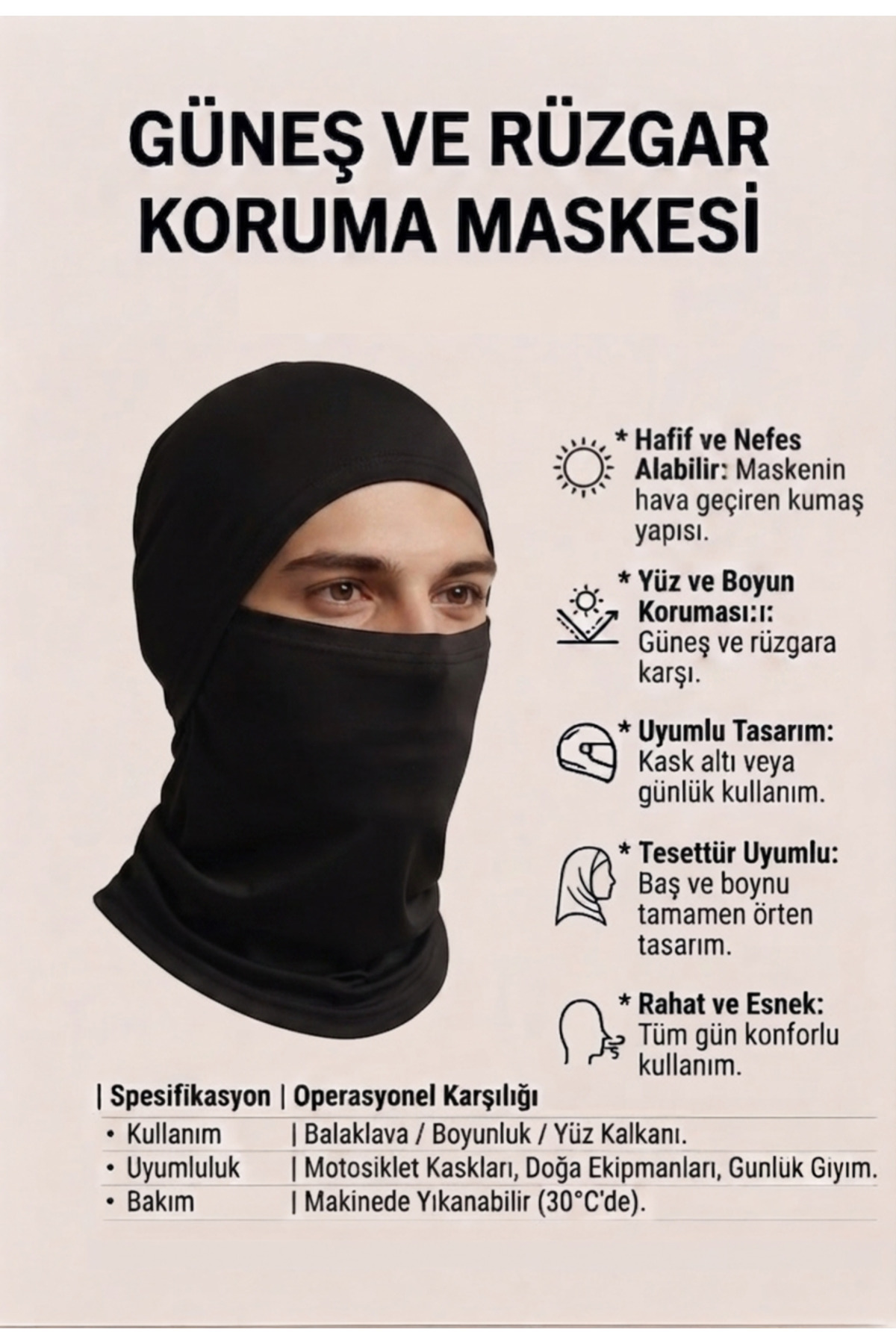 Mrey Yazlık Siyah Güneş ve Rüzgar Maskesi İnce Hafif Kar Maskesi Balaclava Motorcu Kask Boyunluk Bere