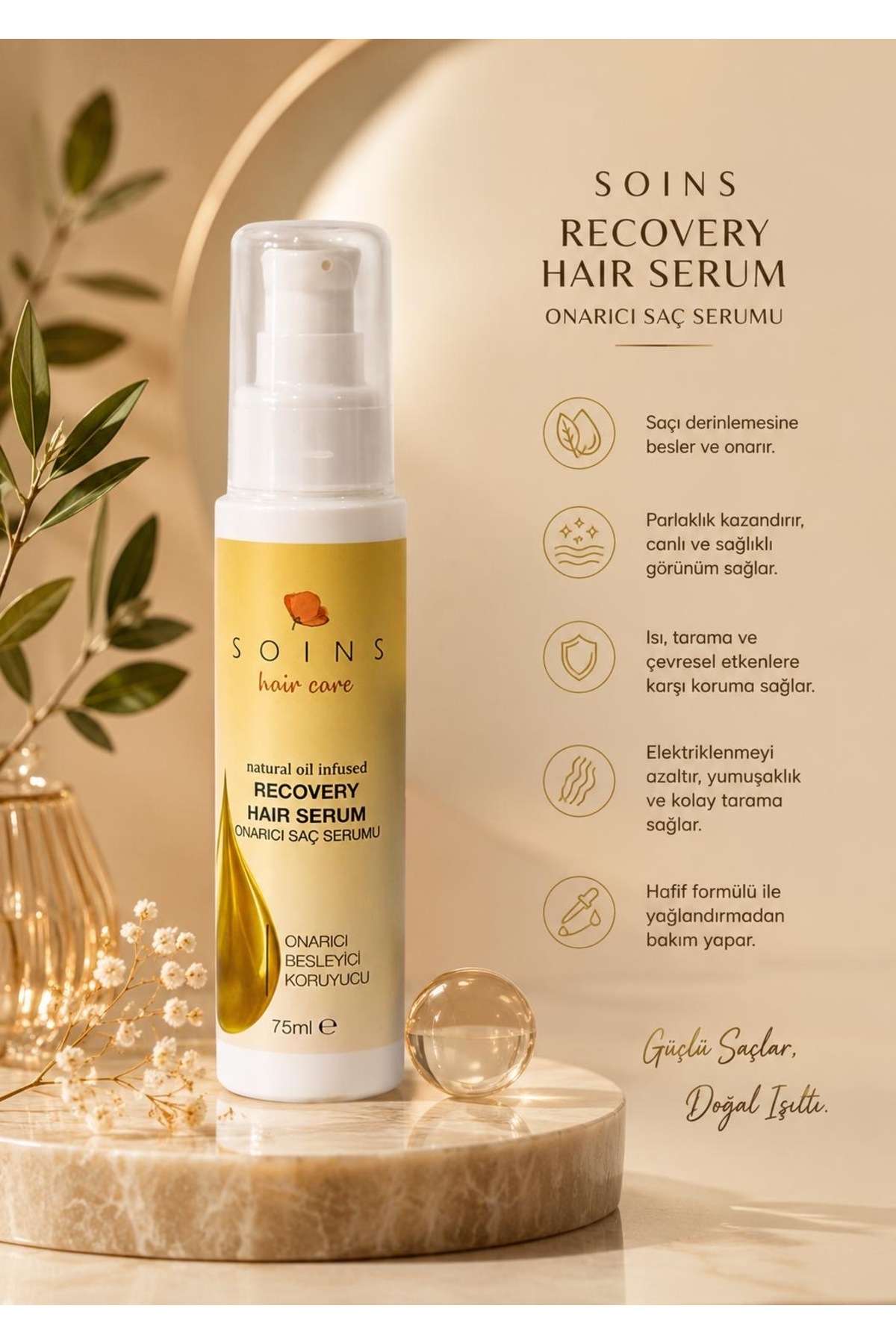 Onarıcı Besleyici Saç Serumu Keratin ve Bitkisel Yağ İçerikli Saç Bakım Serumu 75 ml — 1258462 — تصویر 2 از 3
