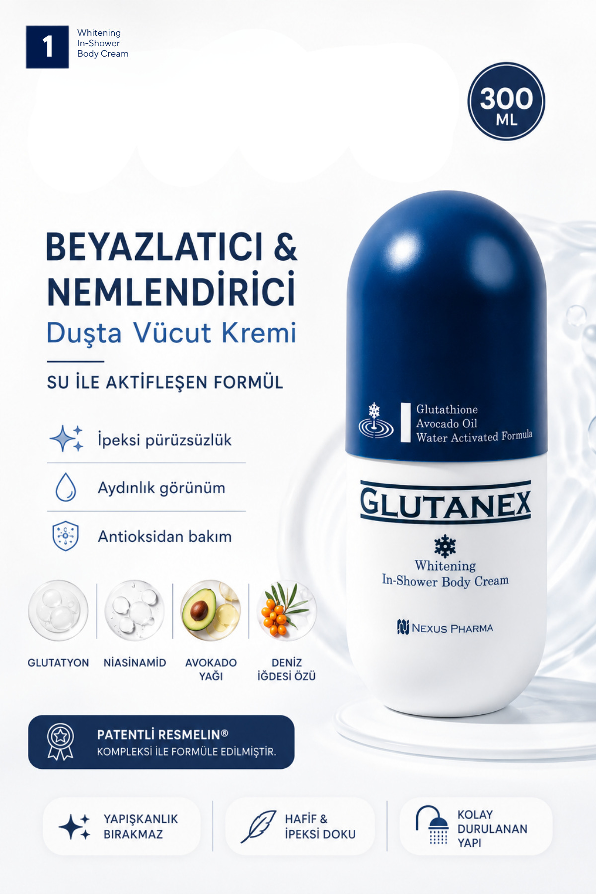 Duşta Vücut Kremi | Cilt Tonu Eşitleyici Bakım | Glutatyon, Avokado Yağı & Niasinamid İçerikli | In Shower Body Cream | 300 ml — Glutanex014 — تصویر 3 از 7
