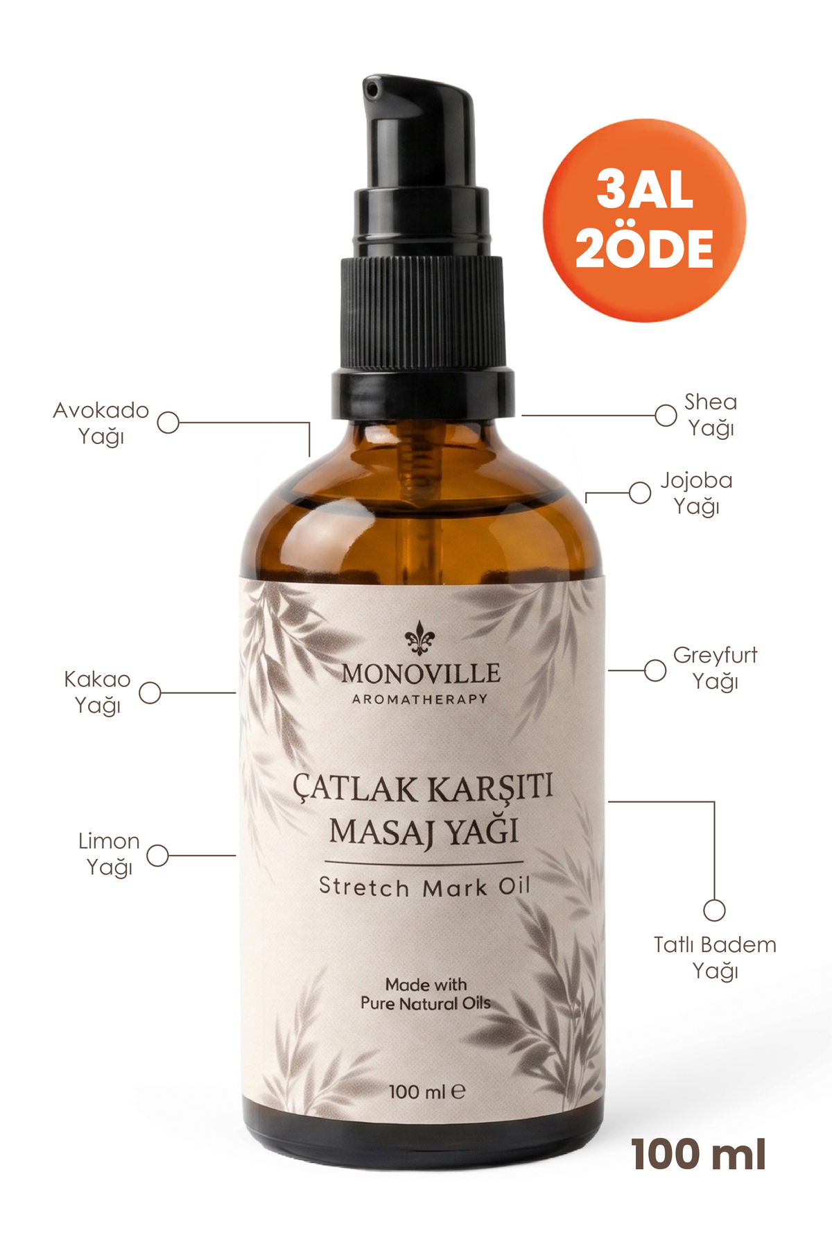 Monoville Çatlak Karşıtı Masaj Yağı 100 ml Cam Şişe (Stretch Mark Oil) — K103