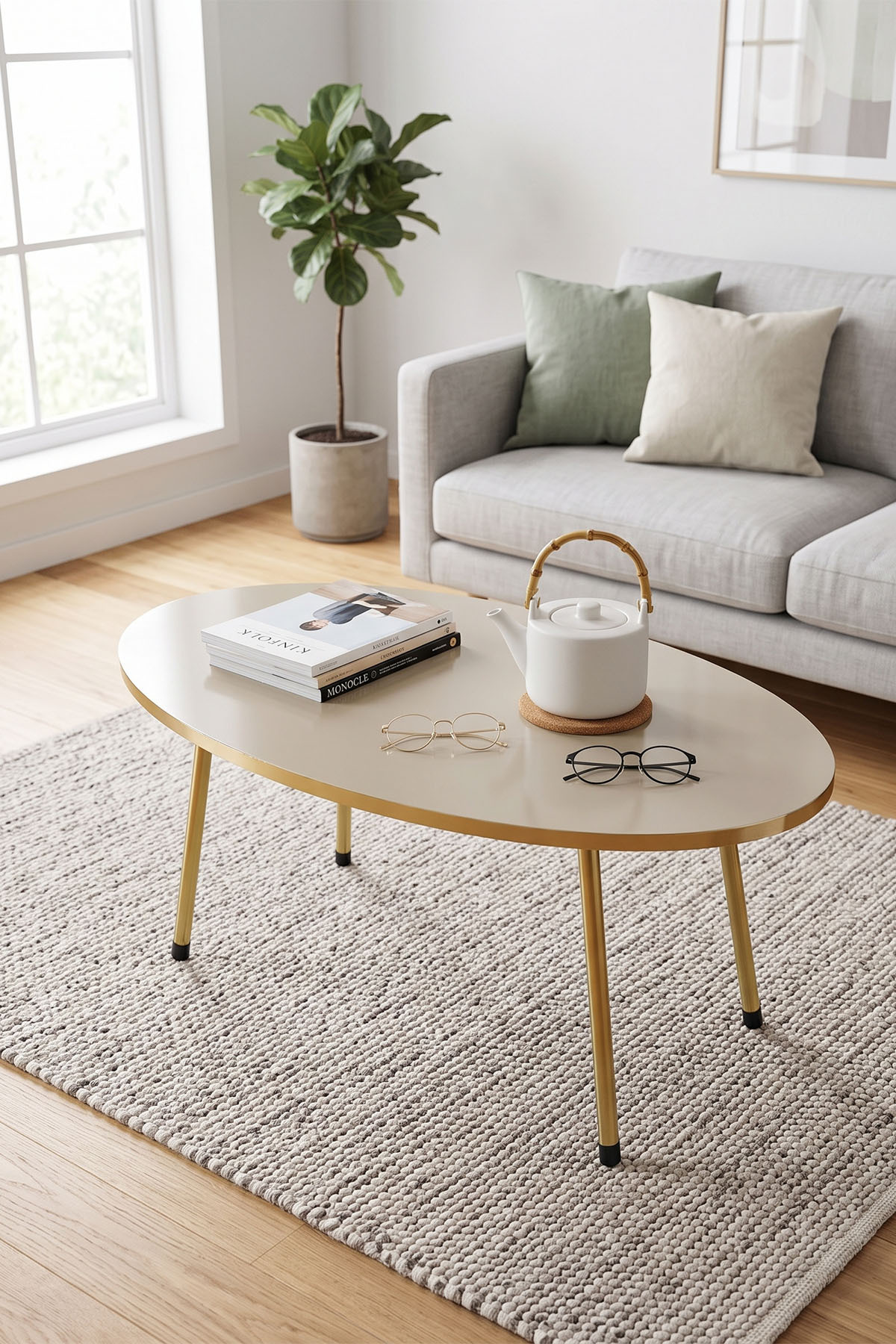 Goldfalez Gold Metal Oval Orta Sehpa Krem görsel 2