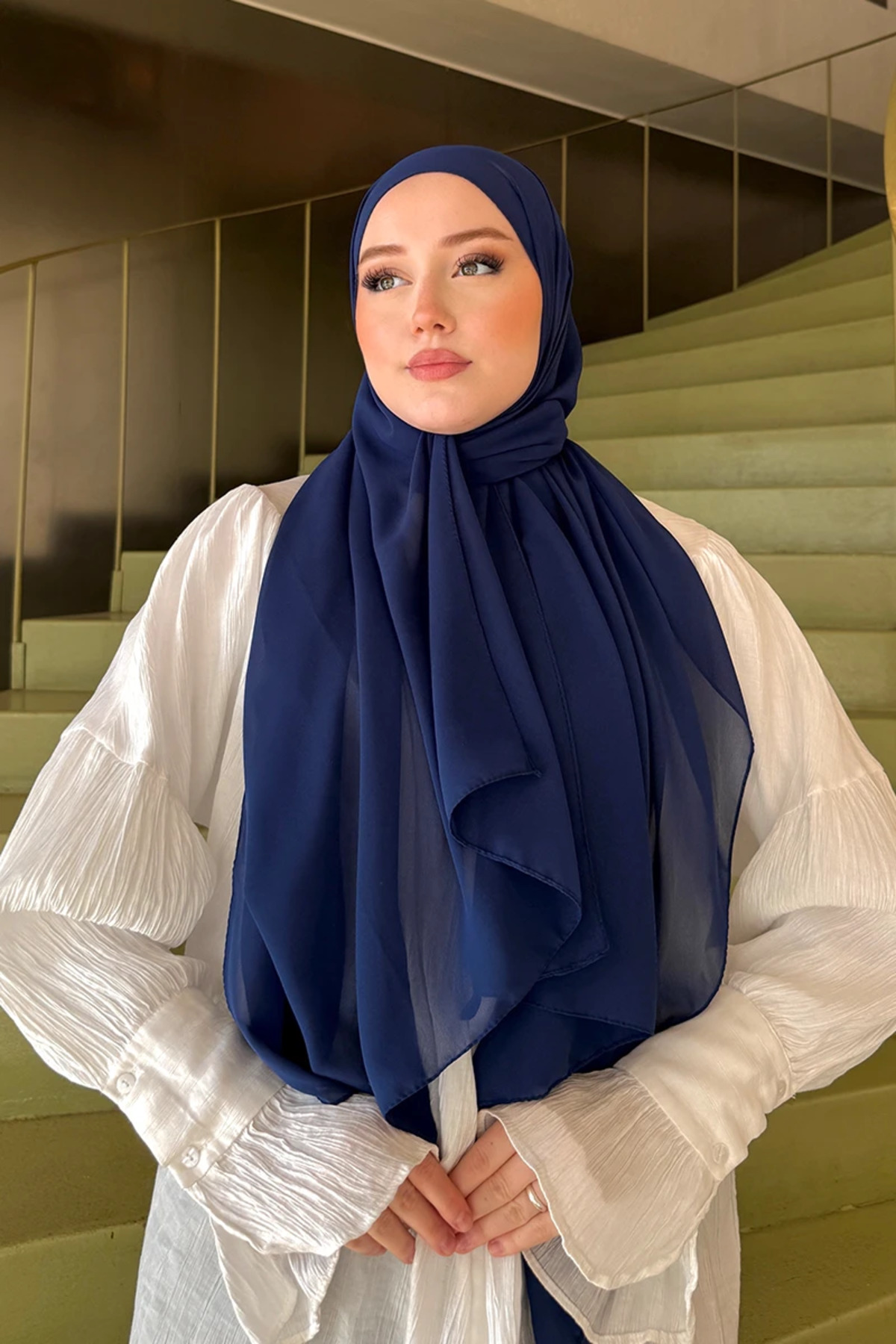 Madame Polo Krep Şifon Şal - Lacivert görsel 3
