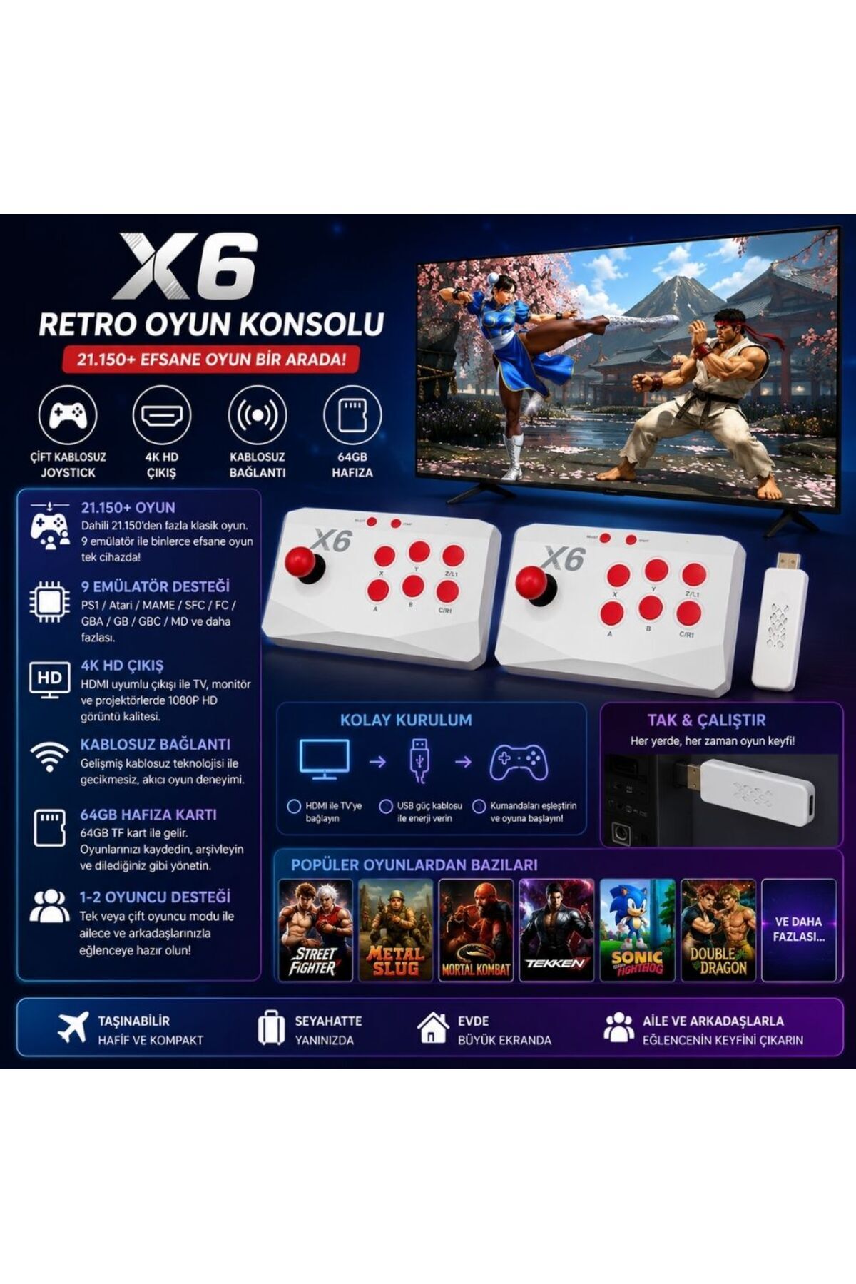 schitec X6 4KHD Kablosuz Çift Arcade Joystickli Retro Oyun Konsolu