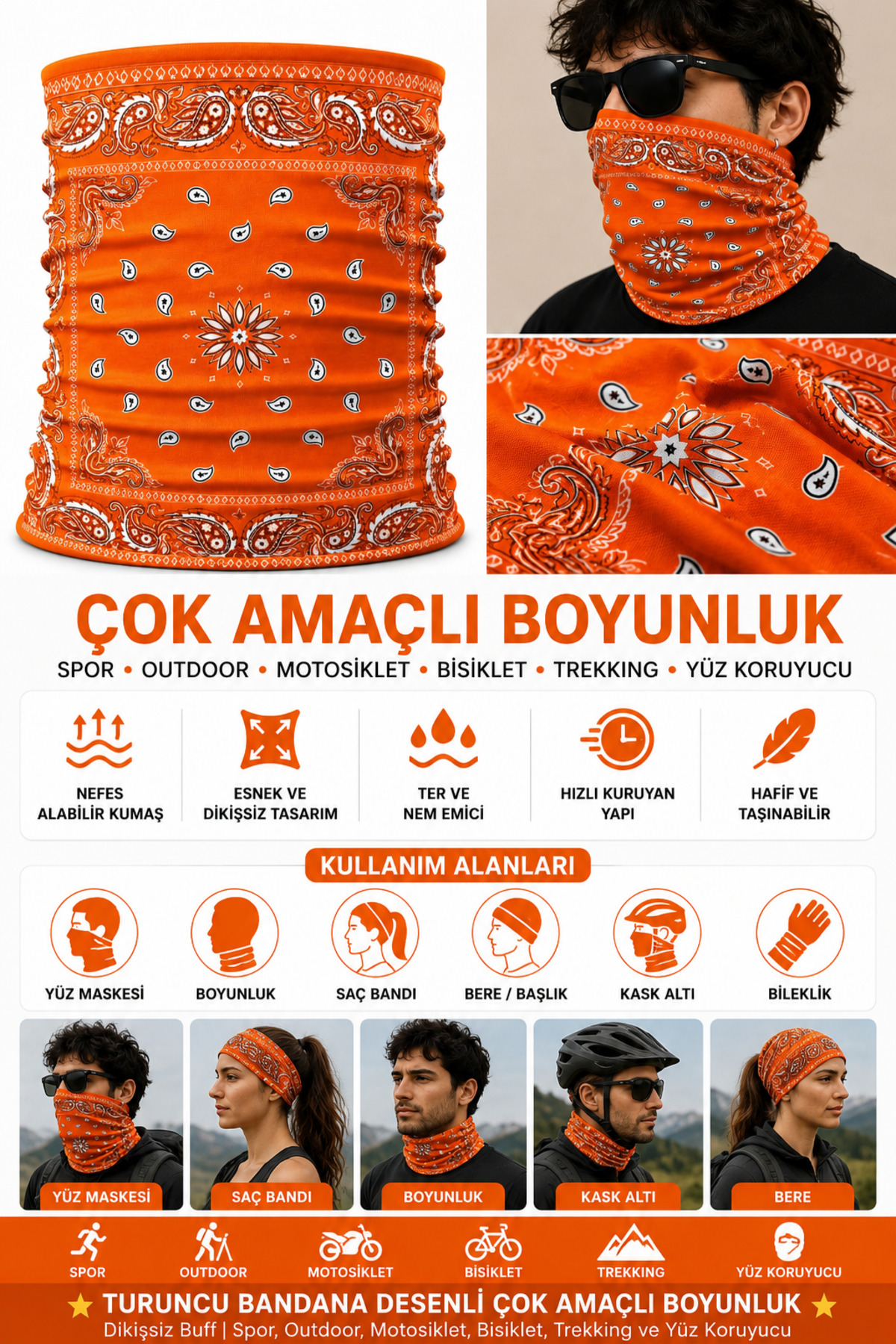 FG KONNİCHİWA Bandana Siyah Etnik Bandana Yüz Maskesi ve Boyunluk ve Günlük ve Motosiklet Kullanımı UV Korumalı Çok Amaçlı Boyunluk görsel 2