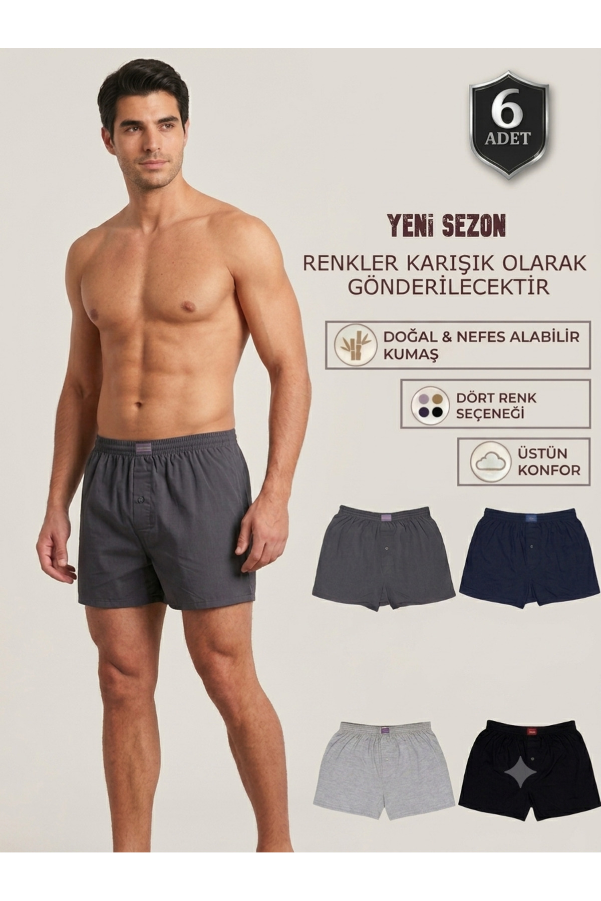 KEYAL Tutku 6-Piece Men's Boxer Combed Cotton Towel Waist Mixed Color